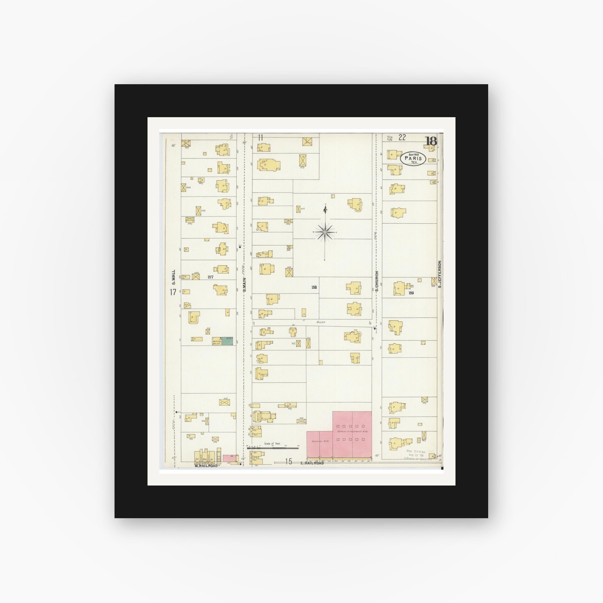Old map wall art mockup — black gallery frame with white mat — Sanborn Fire Insurance Map from Paris, Lamar County, Texas (1902), Sheet #0018