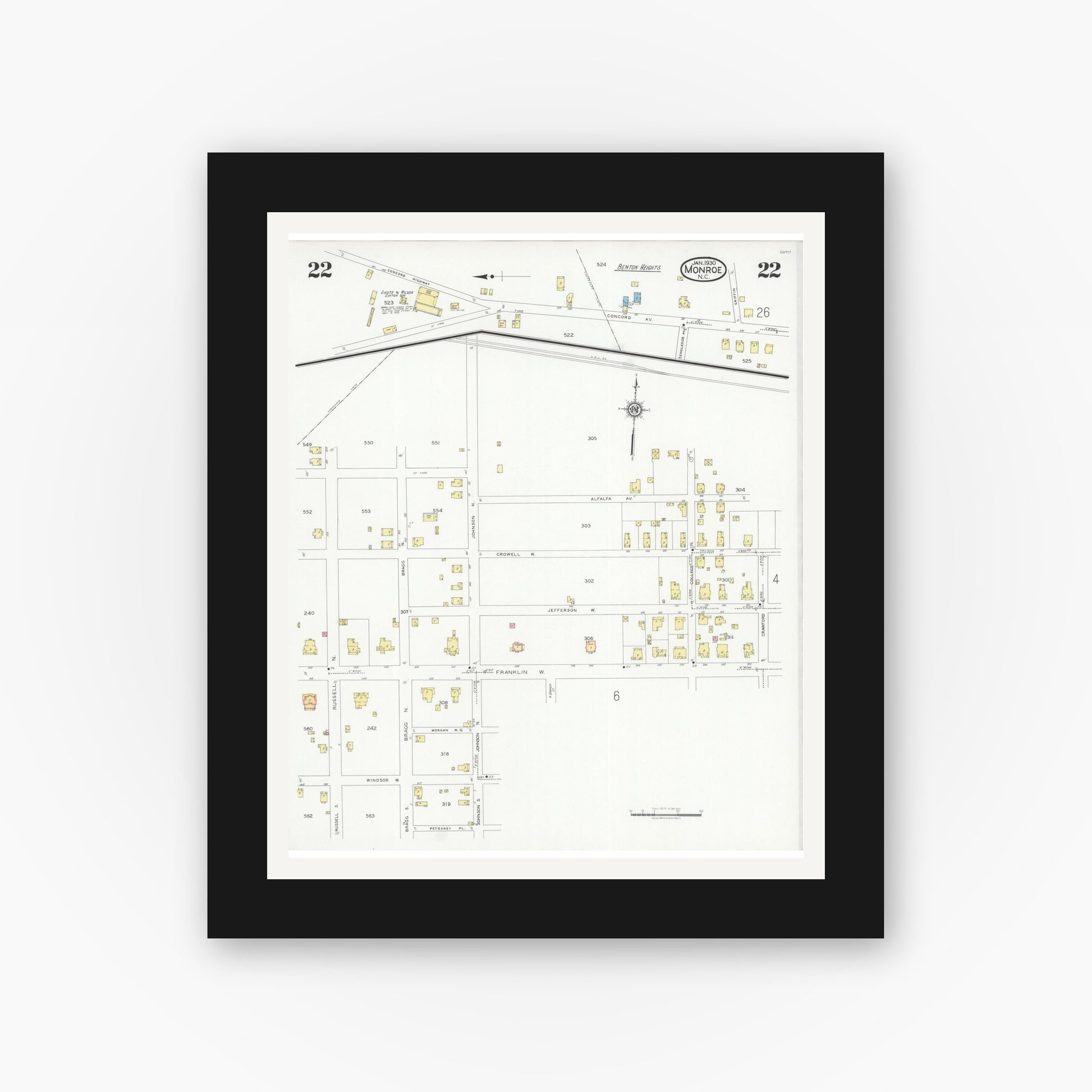 Old map wall art mockup — black gallery frame with white mat — Sanborn Fire Insurance Map from Monroe, Union County, North Carolina (1930), Sheet #0022
