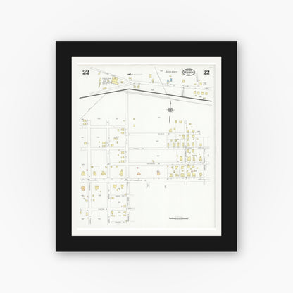Old map wall art mockup — black gallery frame with white mat — Sanborn Fire Insurance Map from Monroe, Union County, North Carolina (1930), Sheet #0022