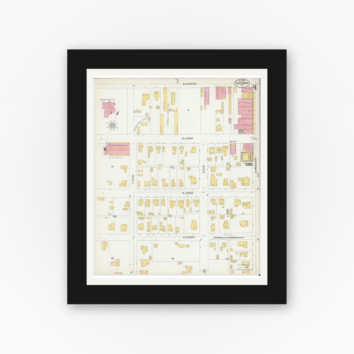 Old map wall art mockup — black gallery frame with white mat — Sanborn Fire Insurance Map from Sherman, Grayson County, Texas (1902), Sheet #0004