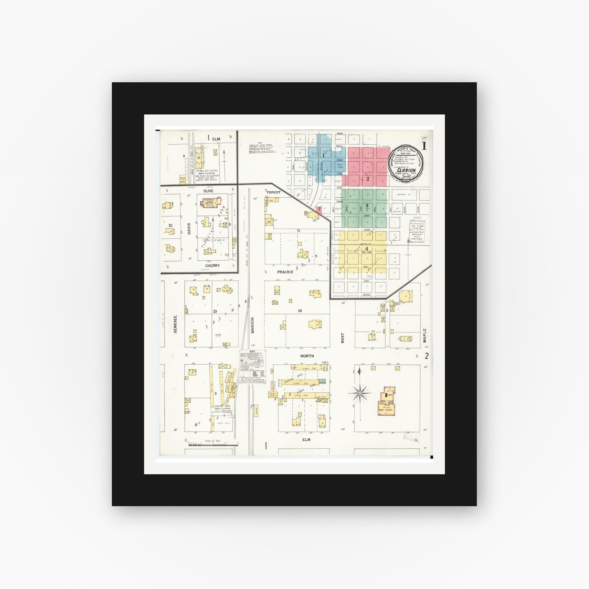 Old map wall art mockup — black gallery frame with white mat — Sanborn Fire Insurance Map from Clarion, Wright County, Iowa (1900), Sheet #0001