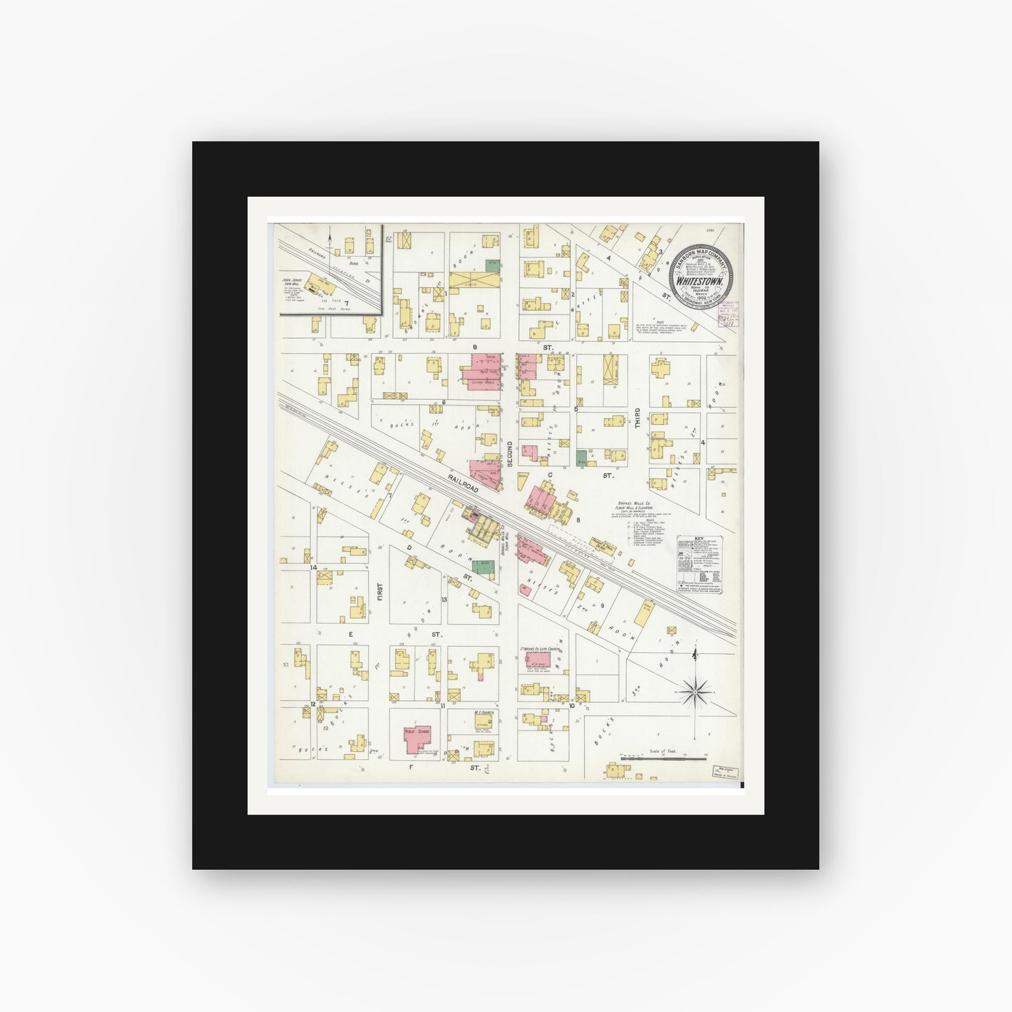 Old map wall art mockup — black gallery frame with white mat — Sanborn Fire Insurance Map from Whitestown, Boone County, Indiana (1902), Sheet #0001