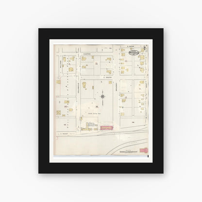 Old map wall art mockup — black gallery frame with white mat — Sanborn Fire Insurance Map from Whitesboro, Grayson County, Texas (1943), Sheet #0007