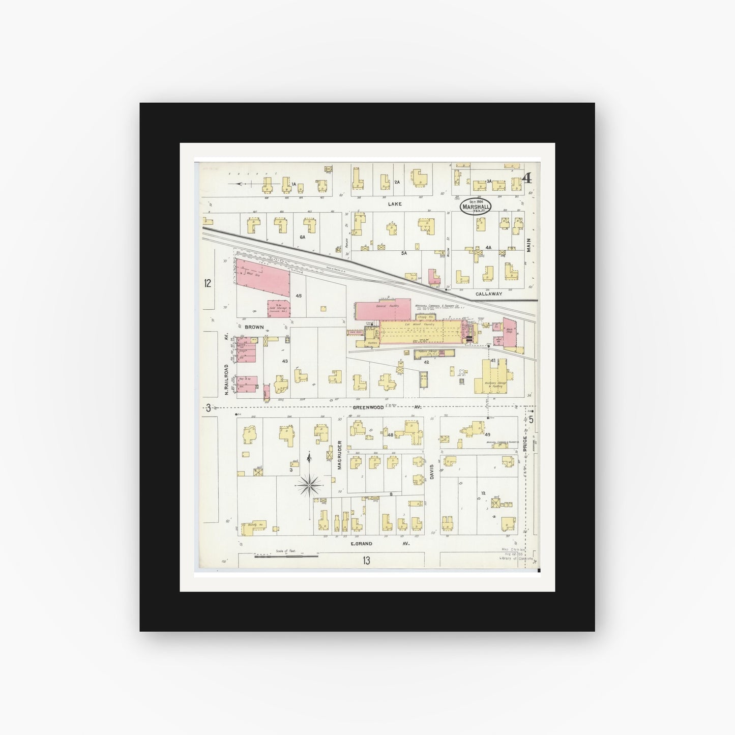 Old map wall art mockup — black gallery frame with white mat — Sanborn Fire Insurance Map from Marshall, Harrison County, Texas (1904), Sheet #0004