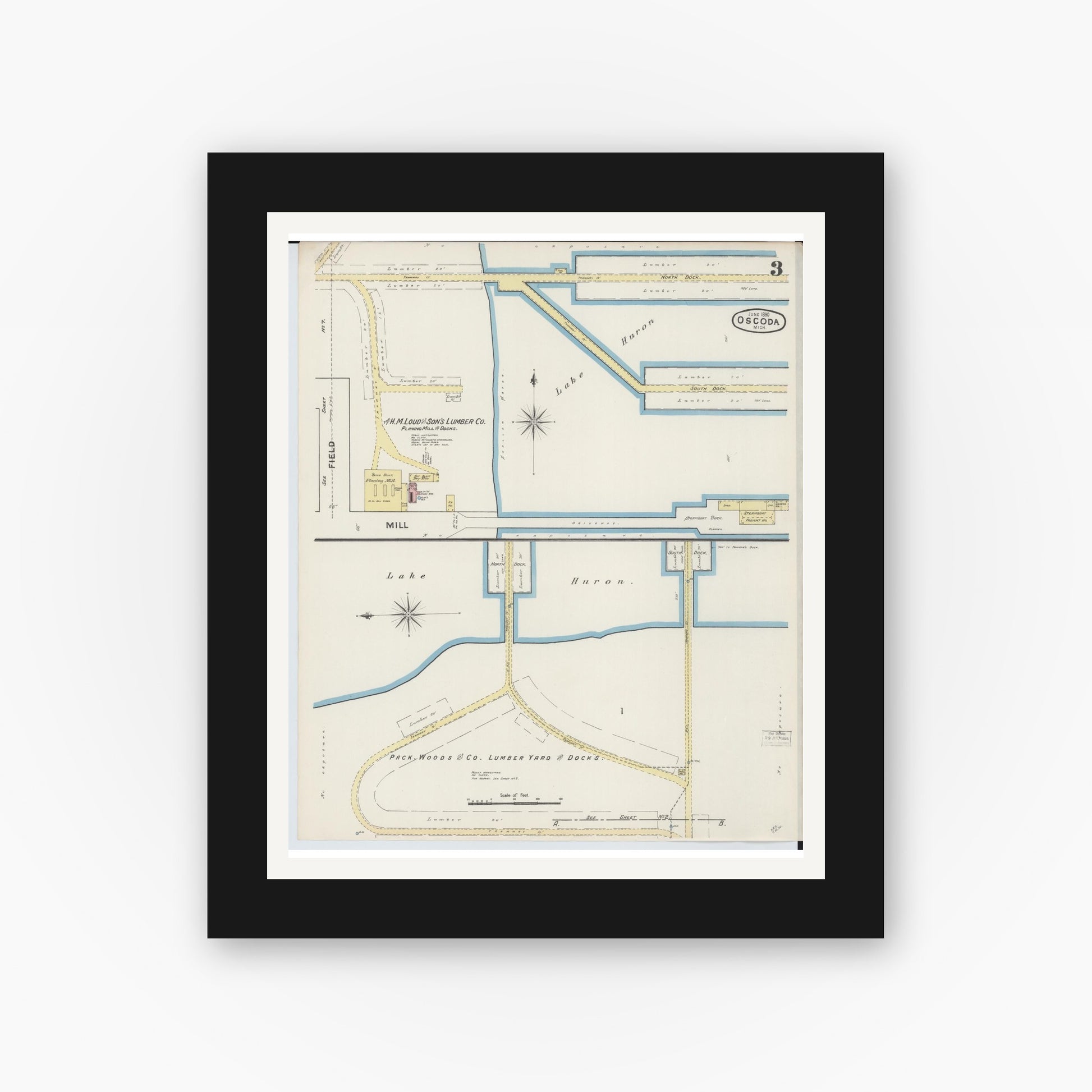 Old map wall art mockup — black gallery frame with white mat — Sanborn Fire Insurance Map from Oscoda, Iosco County, Michigan (1890), Sheet #0003
