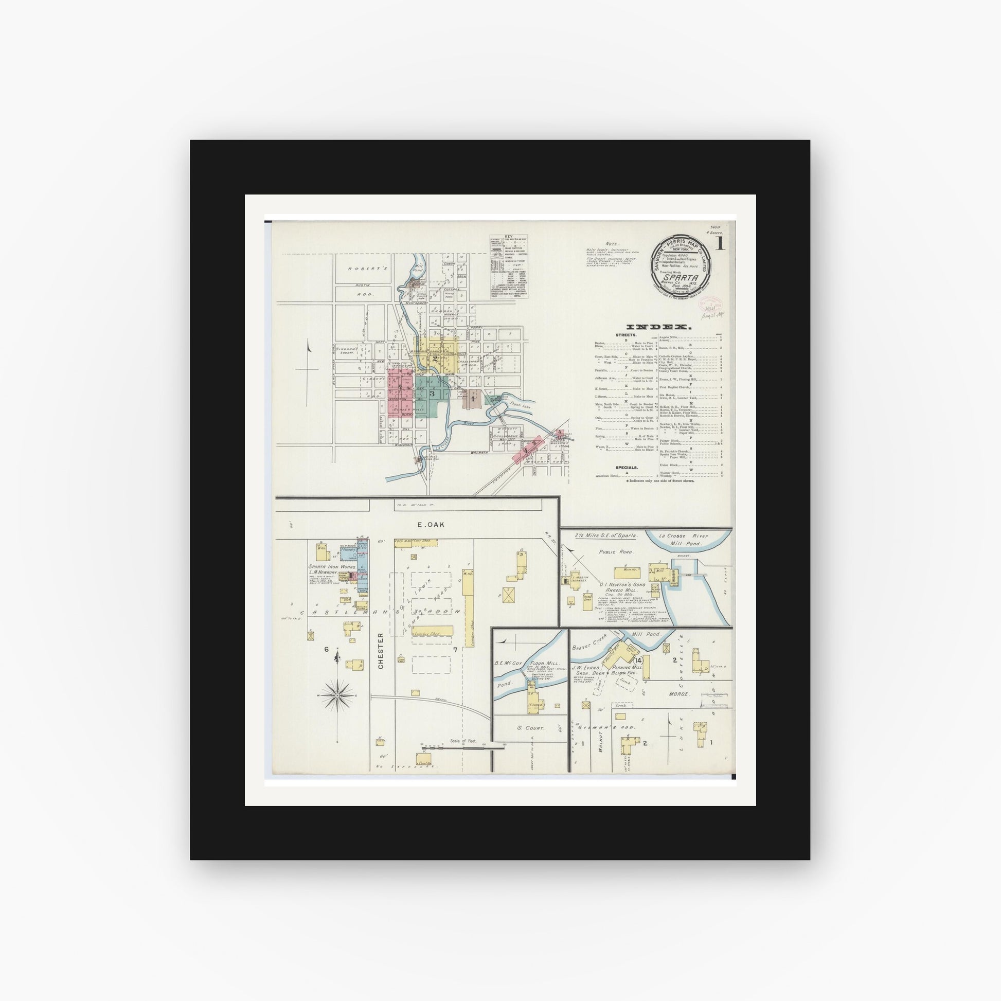 Old map wall art mockup — black gallery frame with white mat — Sanborn Fire Insurance Map from Sparta, Monroe County, Wisconsin (1894) - Complete Map Set