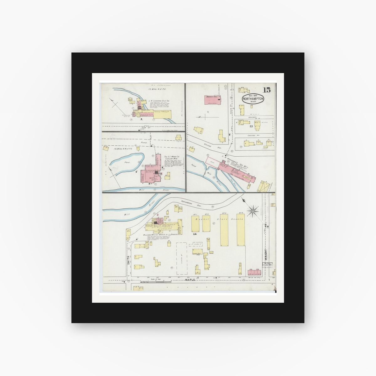 Old map wall art mockup — black gallery frame with white mat — Sanborn Fire Insurance Map from Northampton, Hampshire County, Massachusetts (1895), Sheet #0015