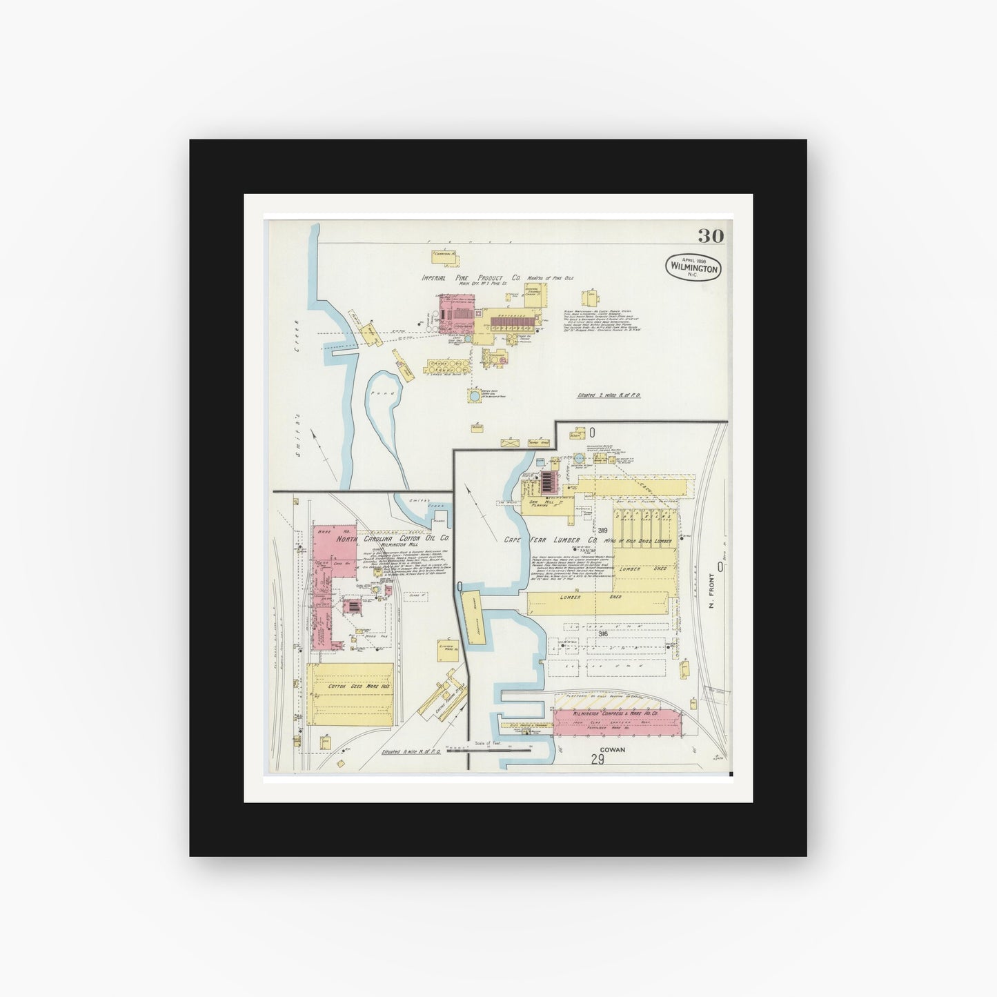 Old map wall art mockup — black gallery frame with white mat — Sanborn Fire Insurance Map from Wilmington, New Hanover County, North Carolina (1898), Sheet #0030