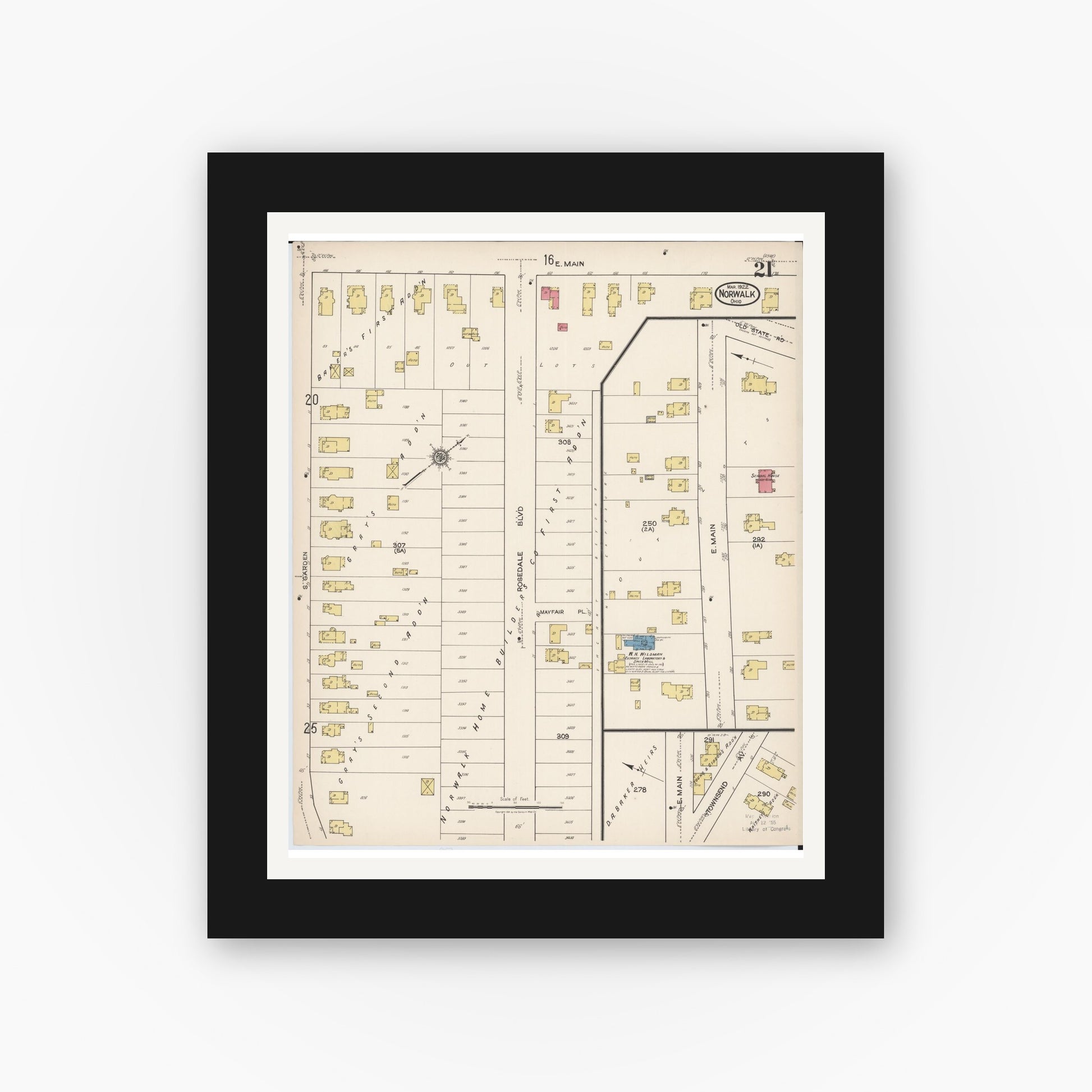 Old map wall art mockup — black gallery frame with white mat — Sanborn Fire Insurance Map from Norwalk, Huron County, Ohio (1922), Sheet #0021