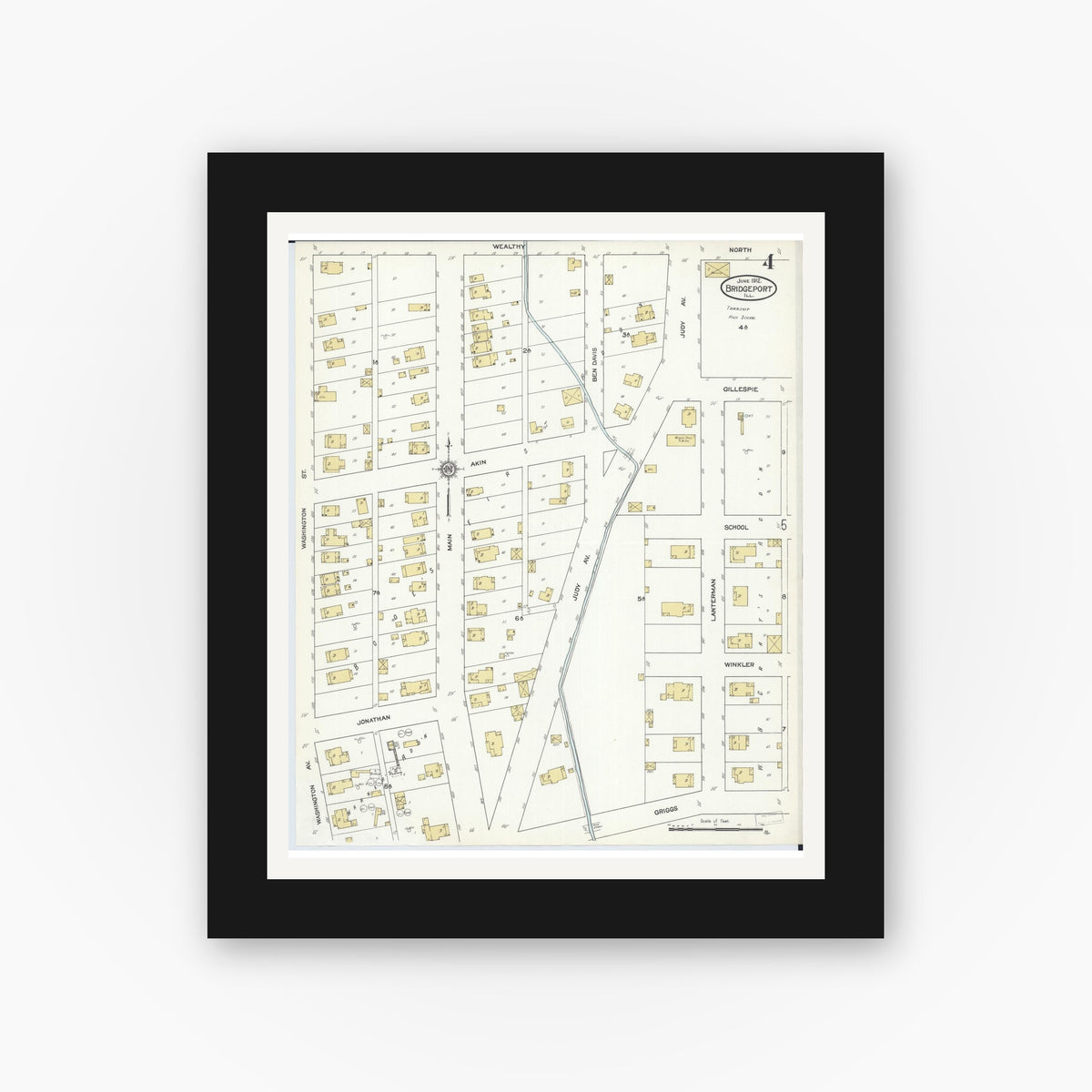 Old map wall art mockup — black gallery frame with white mat — Sanborn Fire Insurance Map from Bridgeport, Lawrence County, Illinois (1912), Sheet #0004