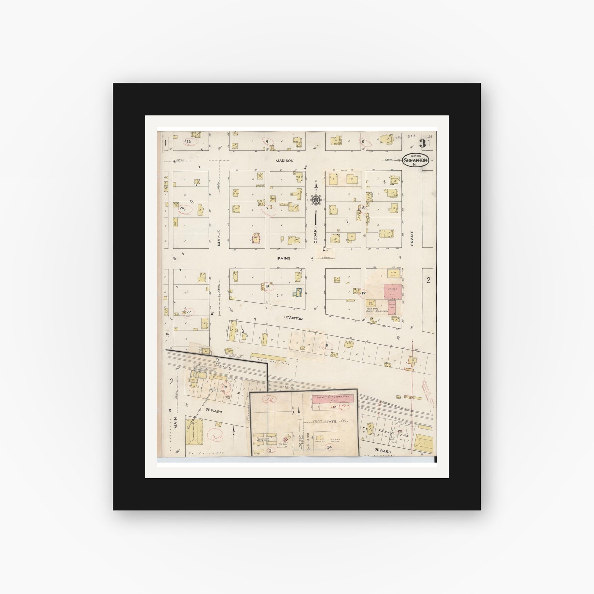 Old map wall art mockup — black gallery frame with white mat — Sanborn Fire Insurance Map from Scranton, Greene County, Iowa (1932), Sheet #0003