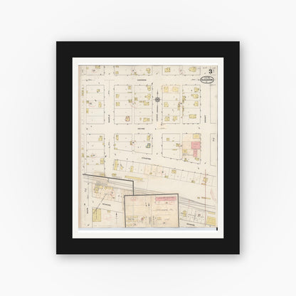 Old map wall art mockup — black gallery frame with white mat — Sanborn Fire Insurance Map from Scranton, Greene County, Iowa (1932), Sheet #0003