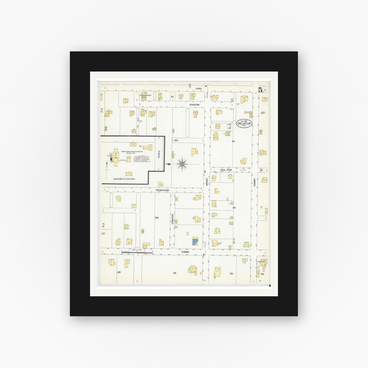 Old map wall art mockup — black gallery frame with white mat — Sanborn Fire Insurance Map from Decatur, Wise County, Texas (1907), Sheet #0005