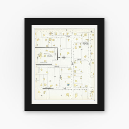 Old map wall art mockup — black gallery frame with white mat — Sanborn Fire Insurance Map from Decatur, Wise County, Texas (1907), Sheet #0005
