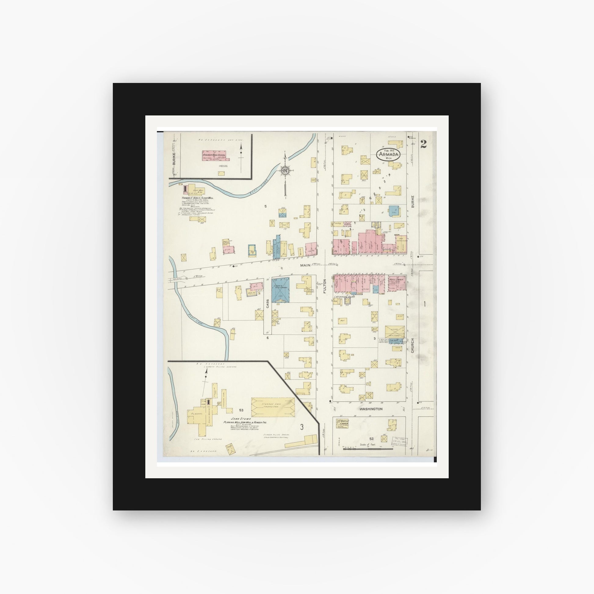 Old map wall art mockup — black gallery frame with white mat — Sanborn Fire Insurance Map from Armada, Macomb County, Michigan (1913), Sheet #0002