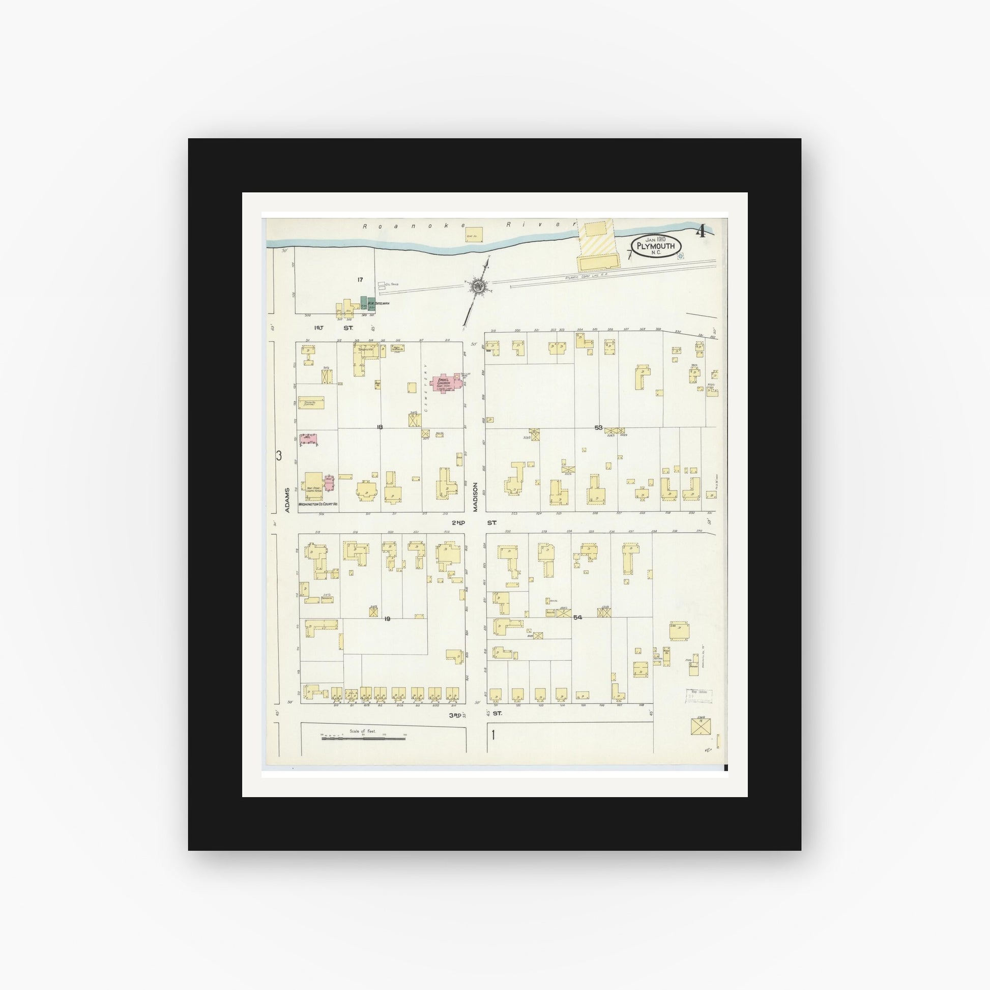 Old map wall art mockup — black gallery frame with white mat — Sanborn Fire Insurance Map from Plymouth, Washington County, North Carolina (1910), Sheet #0004
