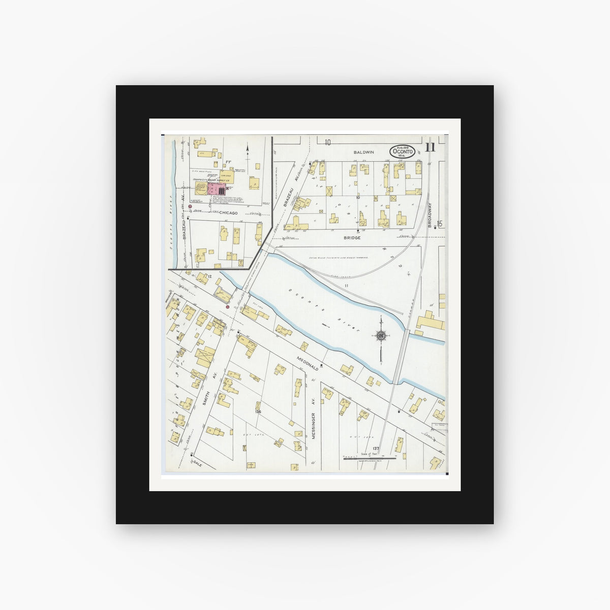 Old map wall art mockup — black gallery frame with white mat — Sanborn Fire Insurance Map from Oconto, Oconto County, Wisconsin (1919), Sheet #0011