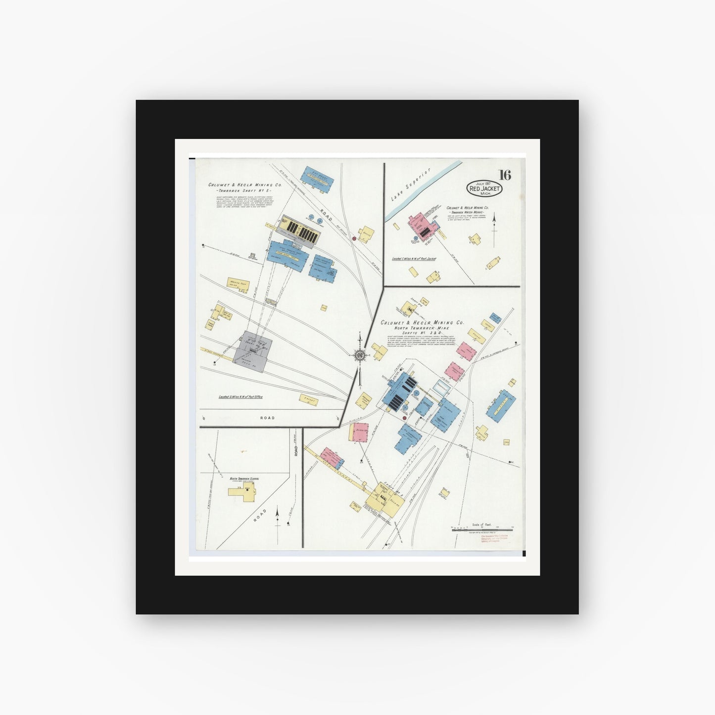 Old map wall art mockup — black gallery frame with white mat — Sanborn Fire Insurance Map from Red Jacket, Houghton County, Michigan (1917), Sheet #0016