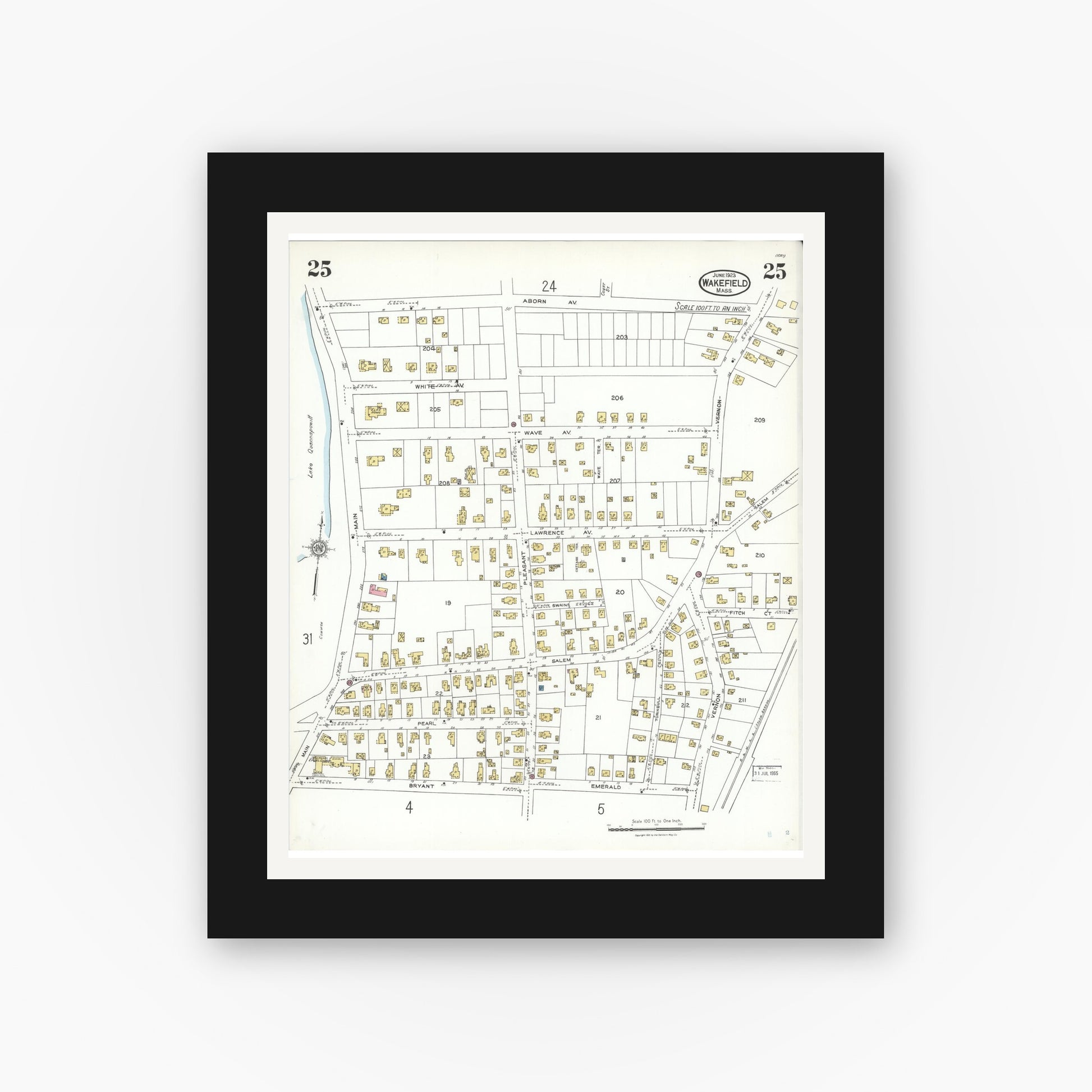 Old map wall art mockup — black gallery frame with white mat — Sanborn Fire Insurance Map from Wakefield, Middlesex County, Massachusetts (1923), Sheet #0025