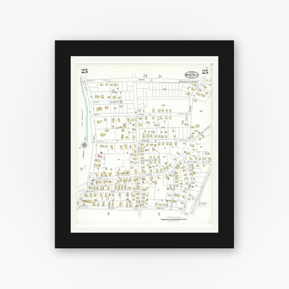 Old map wall art mockup — black gallery frame with white mat — Sanborn Fire Insurance Map from Wakefield, Middlesex County, Massachusetts (1923), Sheet #0025