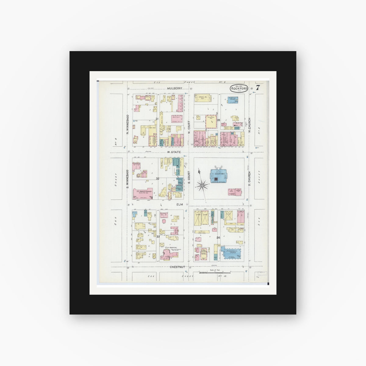 Old map wall art mockup — black gallery frame with white mat — Sanborn Fire Insurance Map from Rockford, Winnebago County, Illinois (1891), Sheet #0007