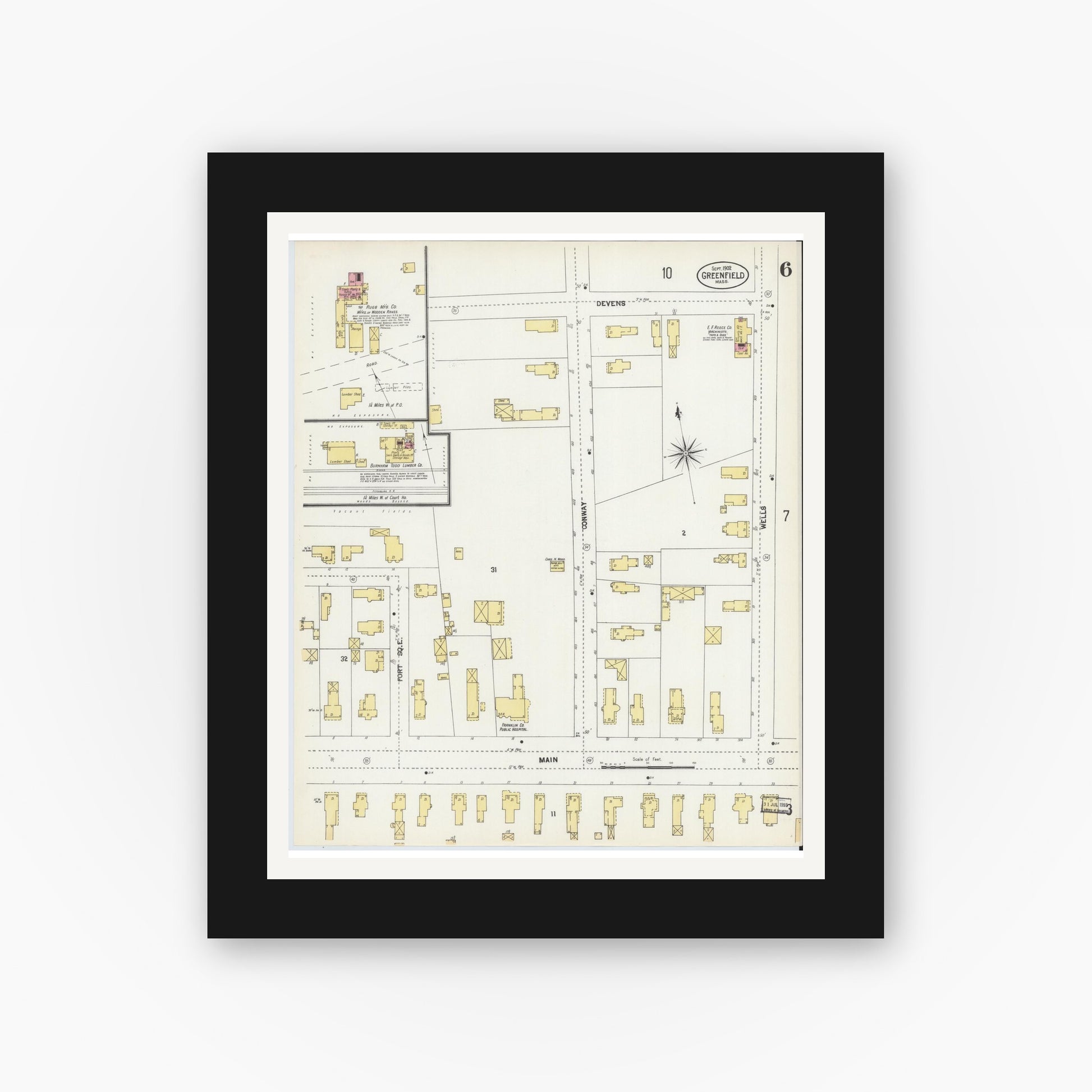 Old map wall art mockup — black gallery frame with white mat — Sanborn Fire Insurance Map from Greenfield, Franklin County, Massachusetts (1902), Sheet #0006