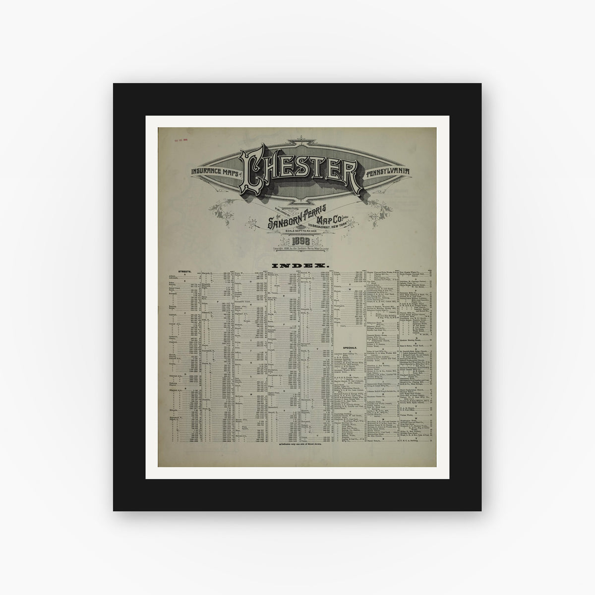 Old map wall art mockup — black gallery frame with white mat — Sanborn Fire Insurance Map from Chester, Delaware County, Pennsylvania (1898), Sheet #0001