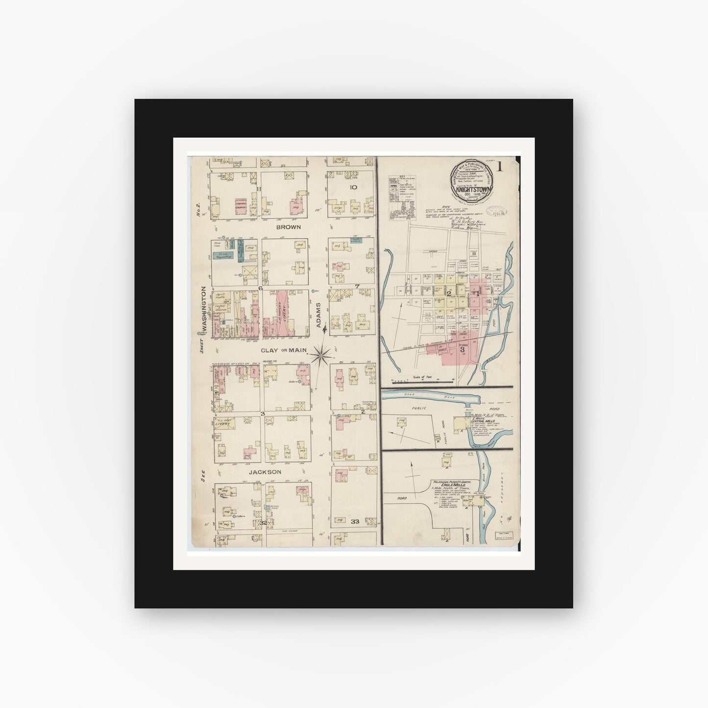 Old map wall art mockup — black gallery frame with white mat — Sanborn Fire Insurance Map from Knightstown, Henry County, Indiana (1885) - Complete Map Set