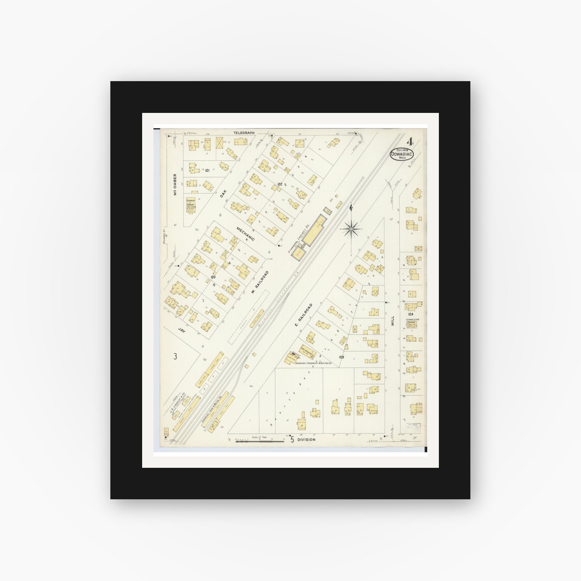 Old map wall art mockup — black gallery frame with white mat — Sanborn Fire Insurance Map from Dowagiac, Cass County, Michigan (1908), Sheet #0004