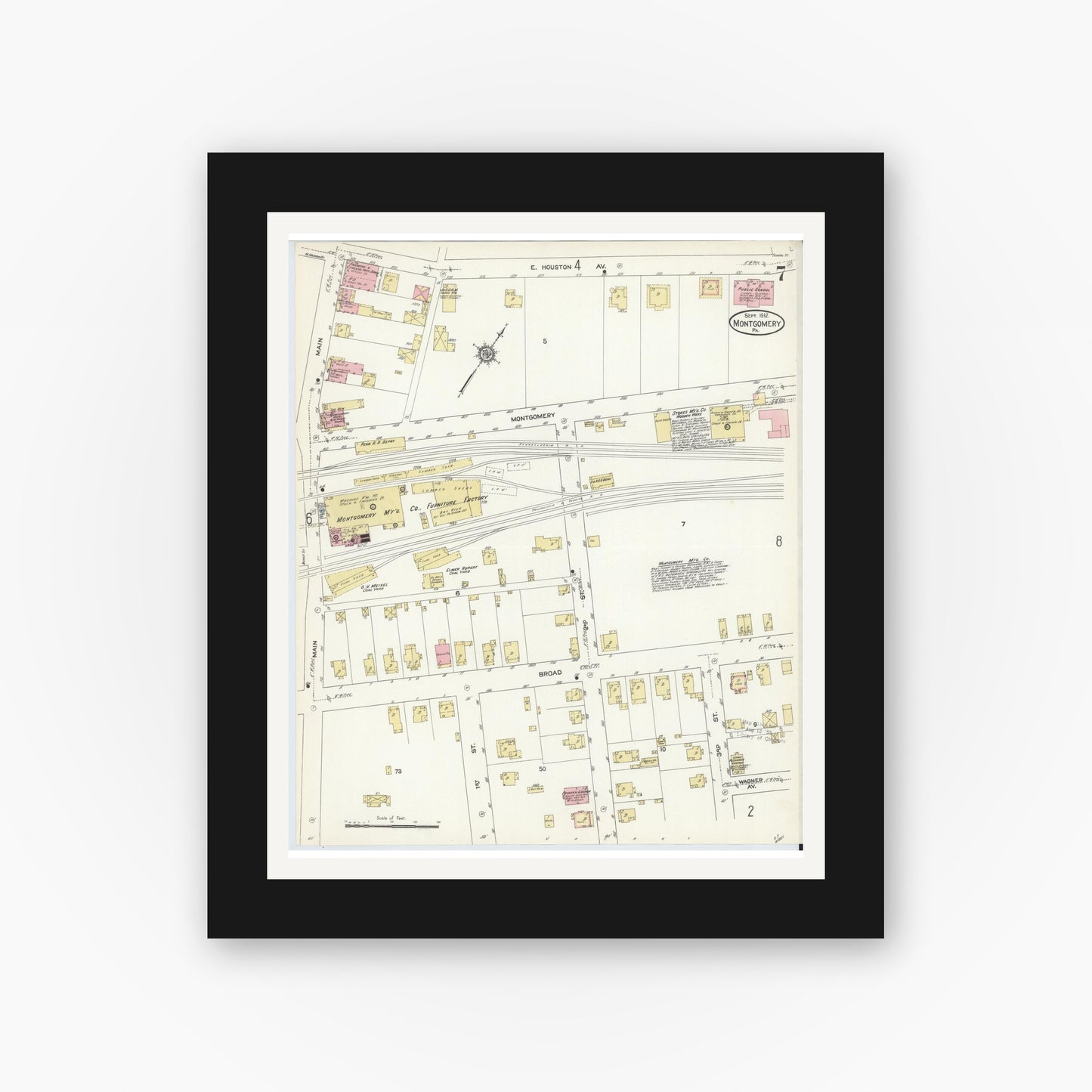 Old map wall art mockup — black gallery frame with white mat — Sanborn Fire Insurance Map from Montgomery, Lycoming County, Pennsylvania (1912), Sheet #0007