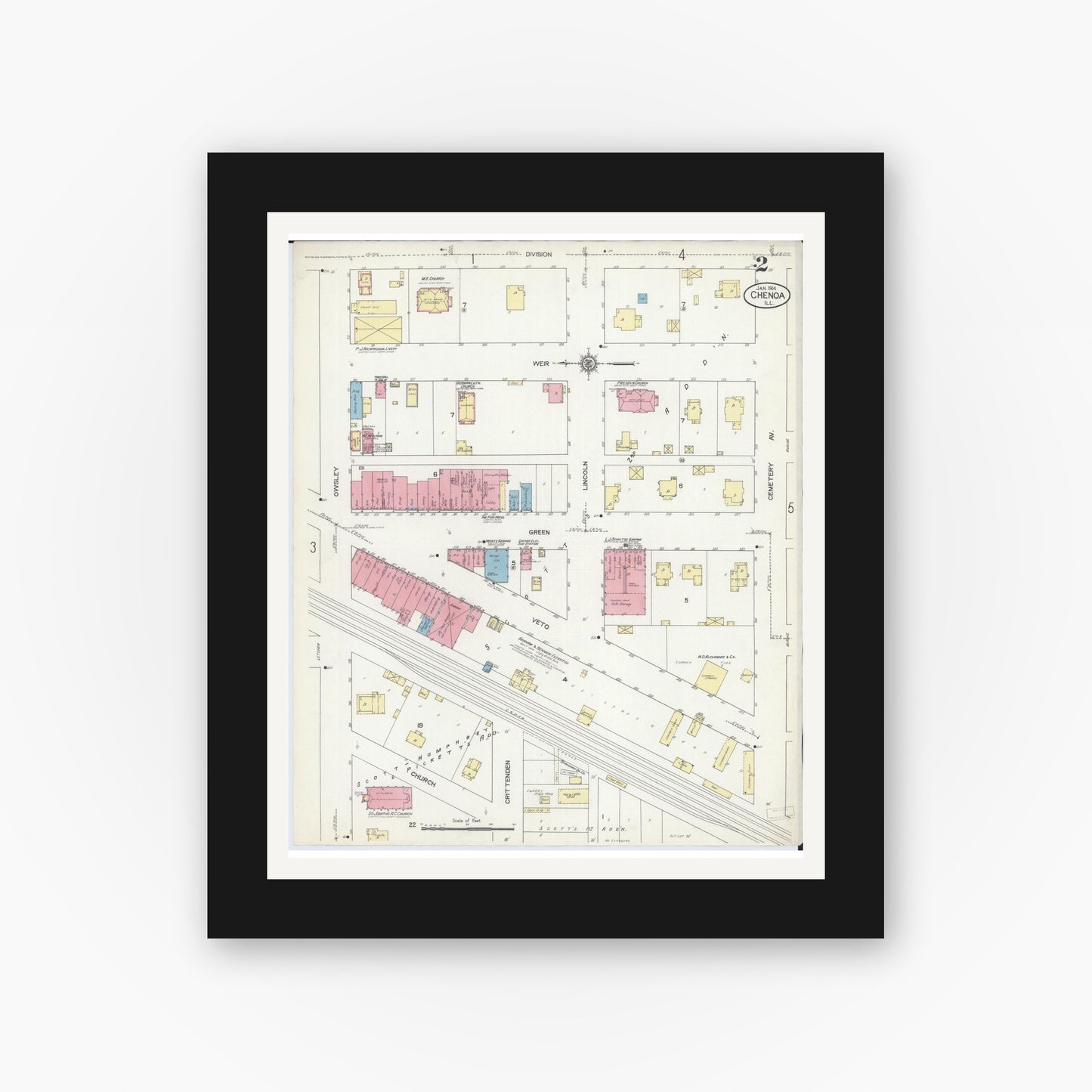 Old map wall art mockup — black gallery frame with white mat — Sanborn Fire Insurance Map from Chenoa, McLean County, Illinois (1914), Sheet #0002
