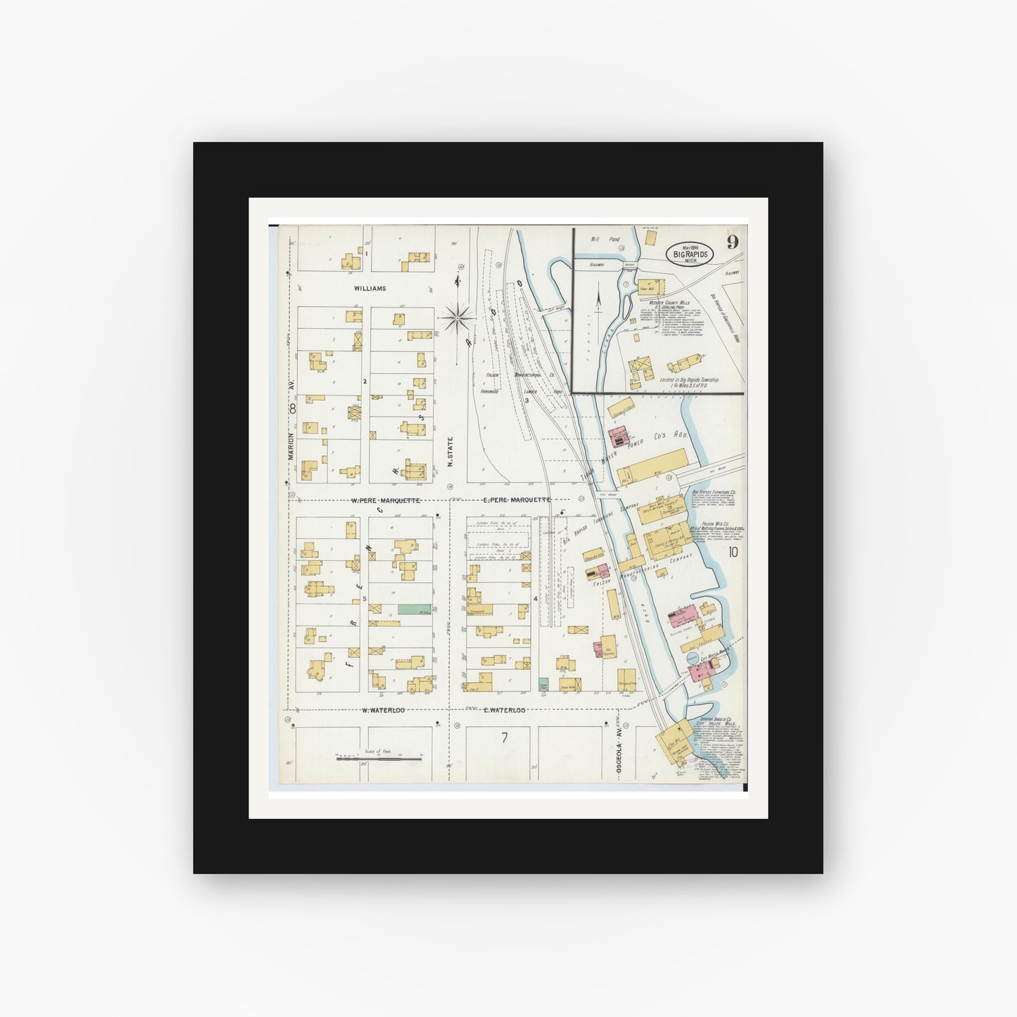 Old map wall art mockup — black gallery frame with white mat — Sanborn Fire Insurance Map from Big Rapids, Mecosta County, Michigan (1899), Sheet #0009