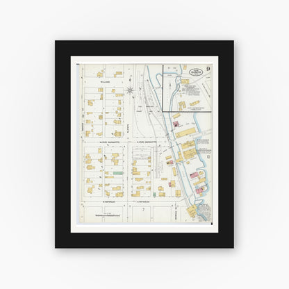 Old map wall art mockup — black gallery frame with white mat — Sanborn Fire Insurance Map from Big Rapids, Mecosta County, Michigan (1899), Sheet #0009