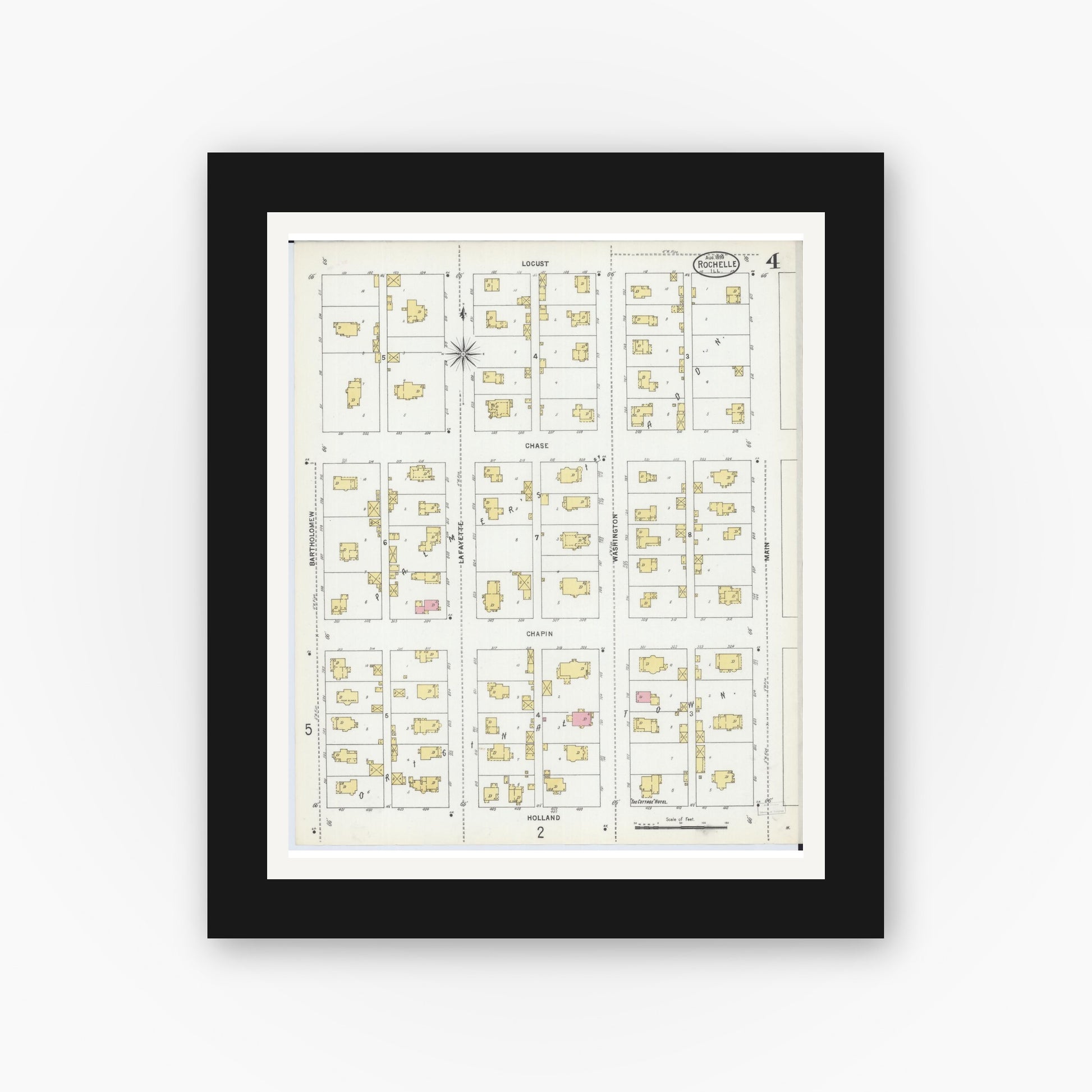 Old map wall art mockup — black gallery frame with white mat — Sanborn Fire Insurance Map from Rochelle, Ogle County, Illinois (1899), Sheet #0004