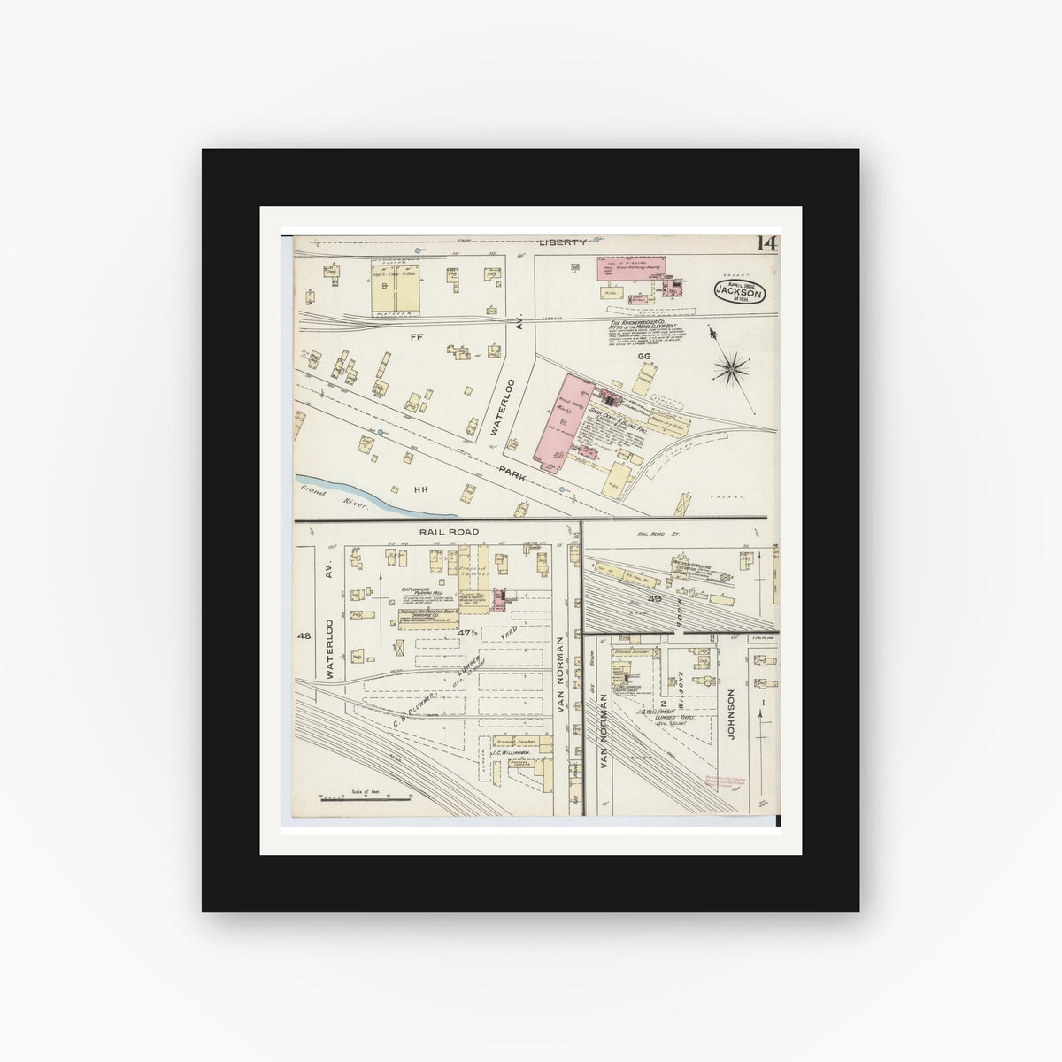Old map wall art mockup — black gallery frame with white mat — Sanborn Fire Insurance Map from Jackson, Jackson County, Michigan (1886), Sheet #0014