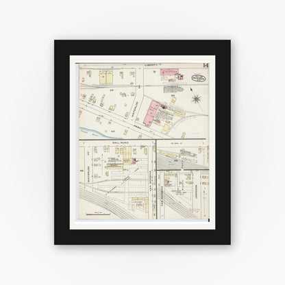 Old map wall art mockup — black gallery frame with white mat — Sanborn Fire Insurance Map from Jackson, Jackson County, Michigan (1886), Sheet #0014