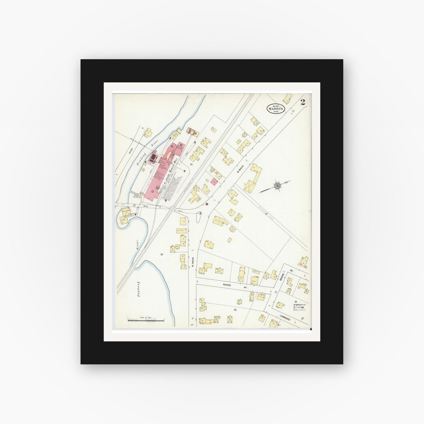 Old map wall art mockup — black gallery frame with white mat — Sanborn Fire Insurance Map from Warren, Worcester County, Massachusetts (1911), Sheet #0002