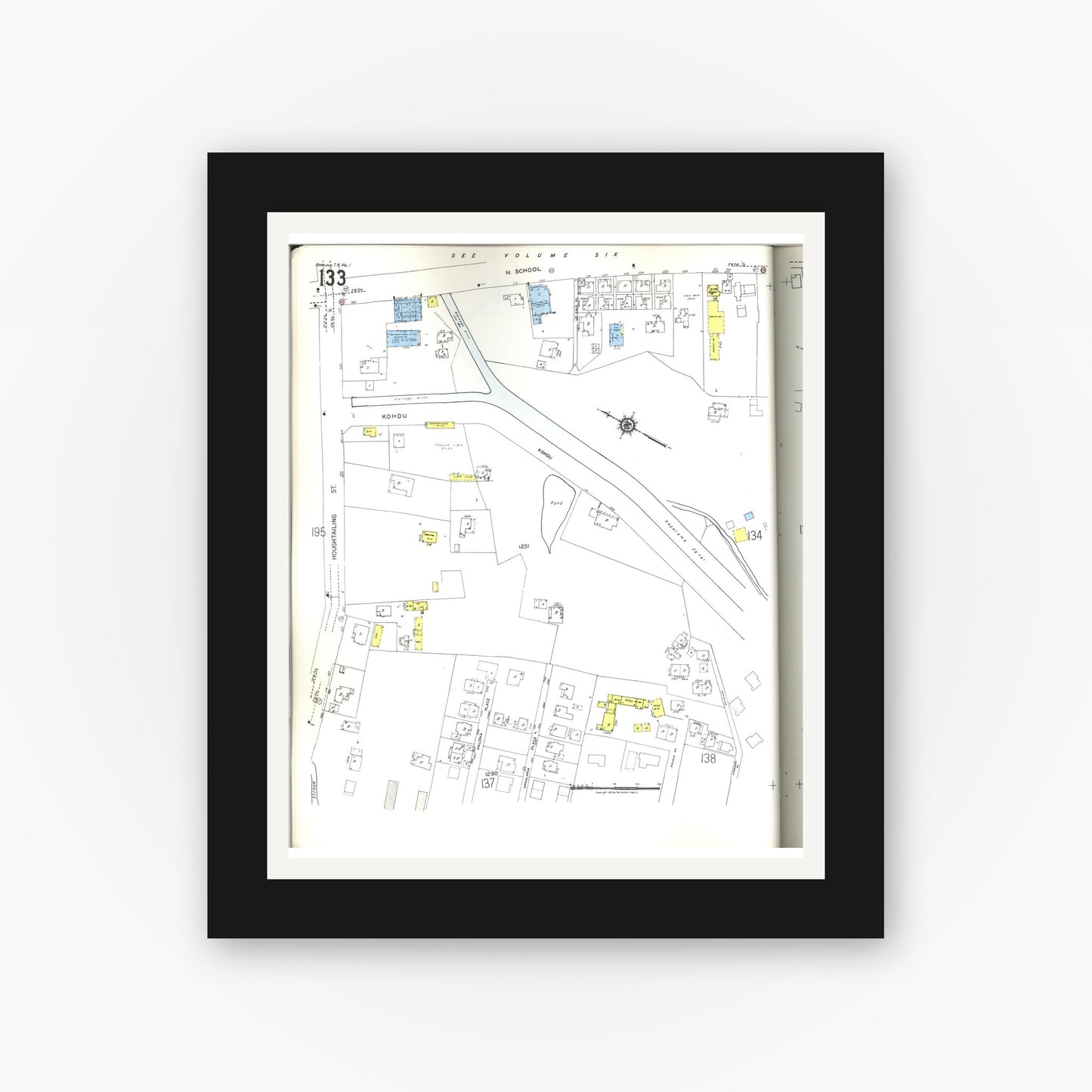Old map wall art mockup — black gallery frame with white mat — Sanborn Fire Insurance Map from Honolulu, Oahu County, Hawaii (1955), Sheet #0133