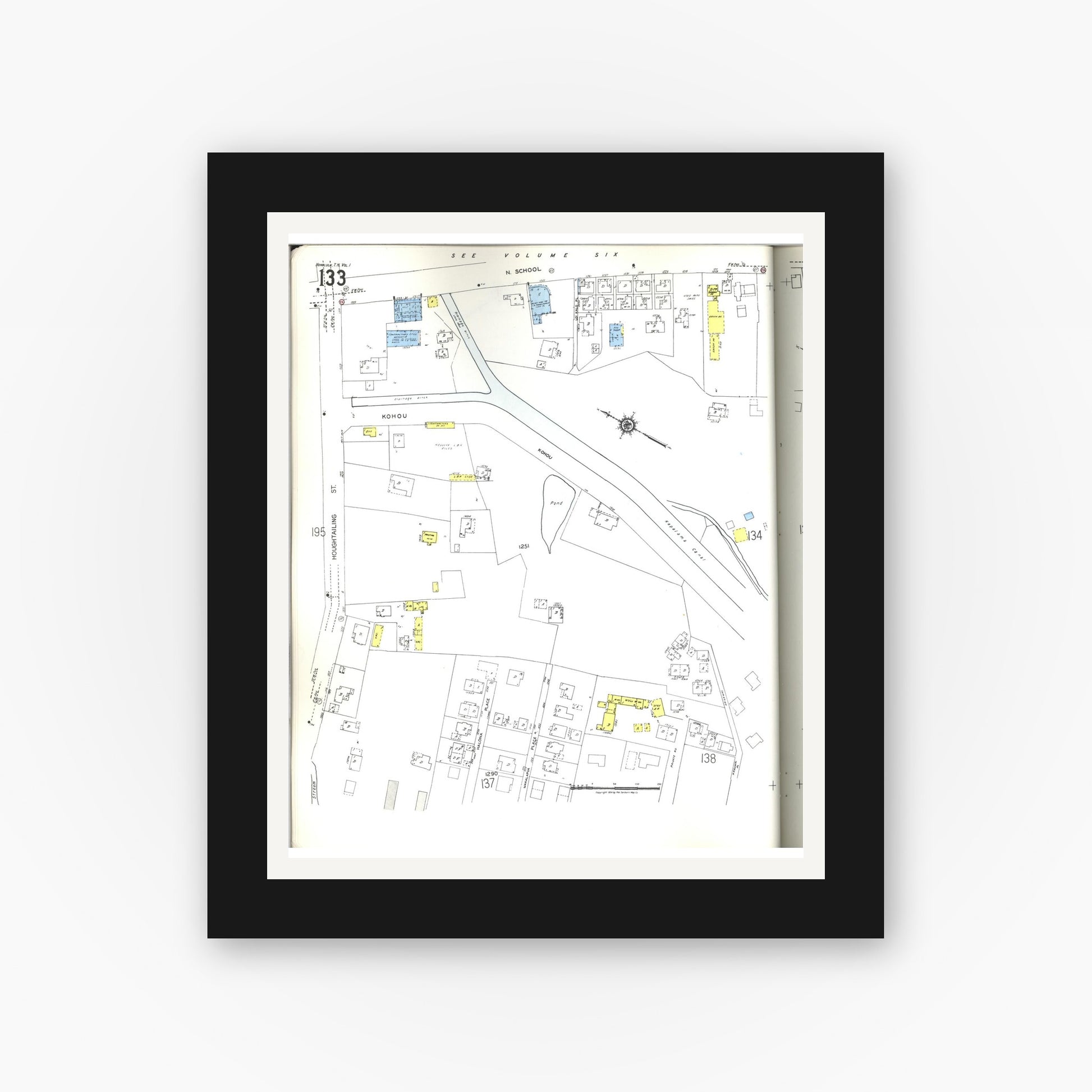 Old map wall art mockup — black gallery frame with white mat — Sanborn Fire Insurance Map from Honolulu, Oahu County, Hawaii (1955), Sheet #0133