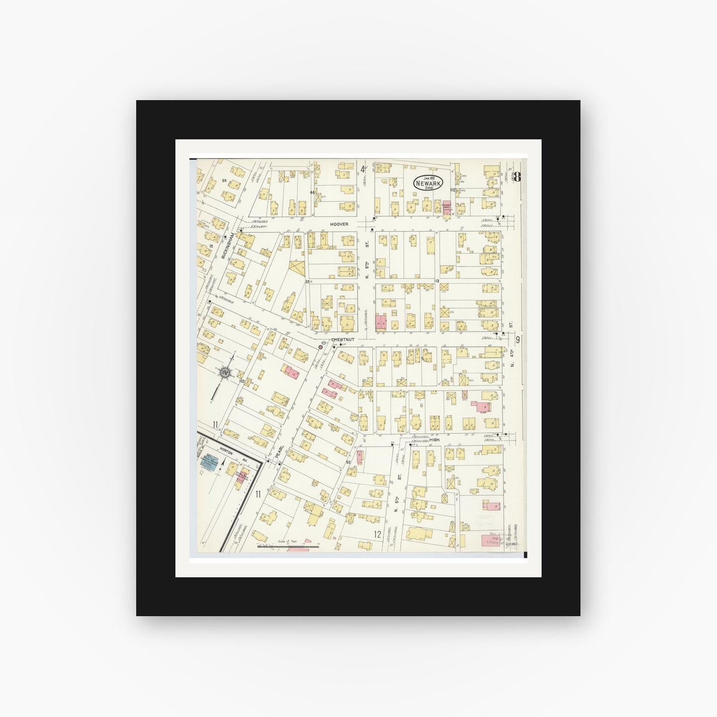 Old map wall art mockup — black gallery frame with white mat — Sanborn Fire Insurance Map from Newark, Licking County, Ohio (1912), Sheet #0008