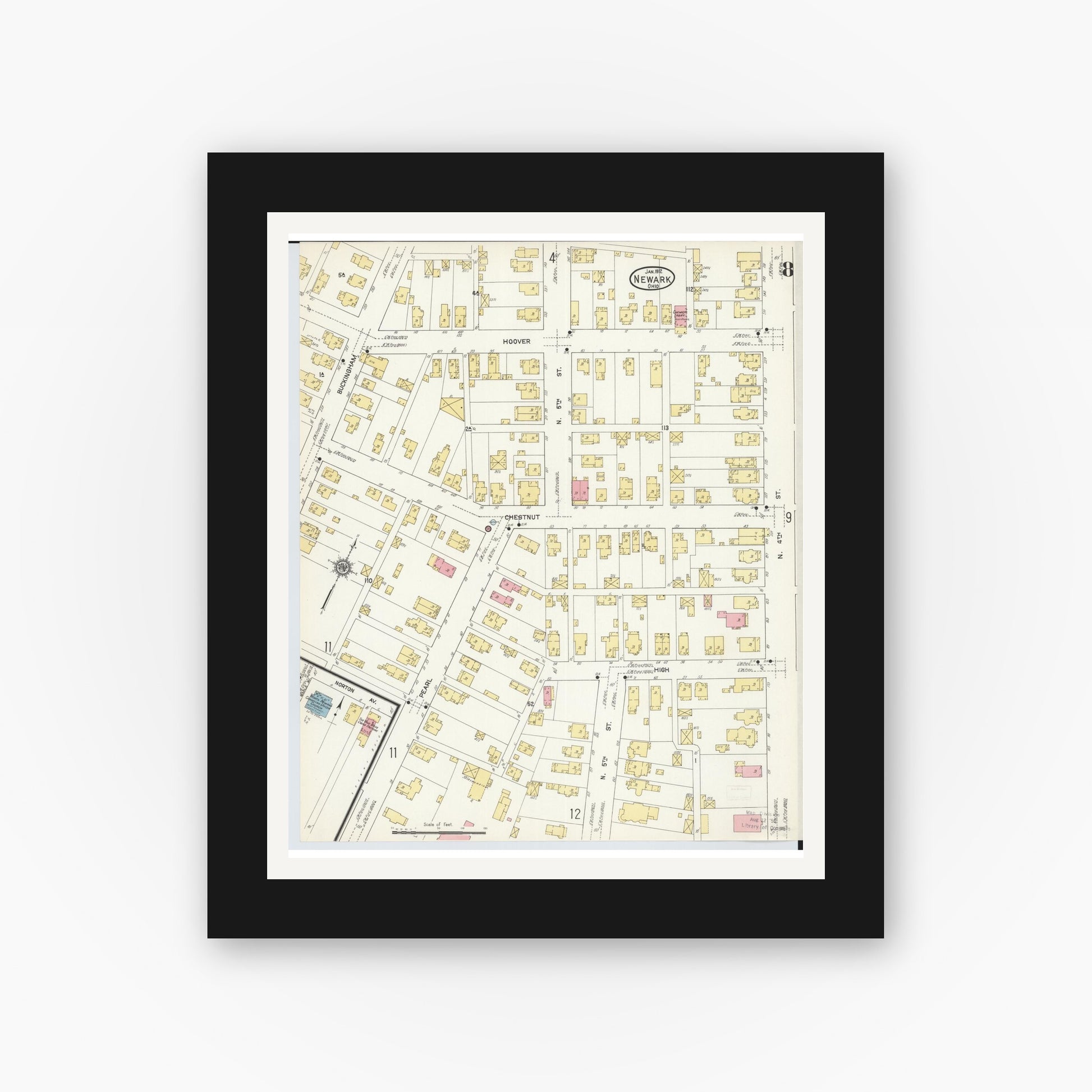 Old map wall art mockup — black gallery frame with white mat — Sanborn Fire Insurance Map from Newark, Licking County, Ohio (1912), Sheet #0008