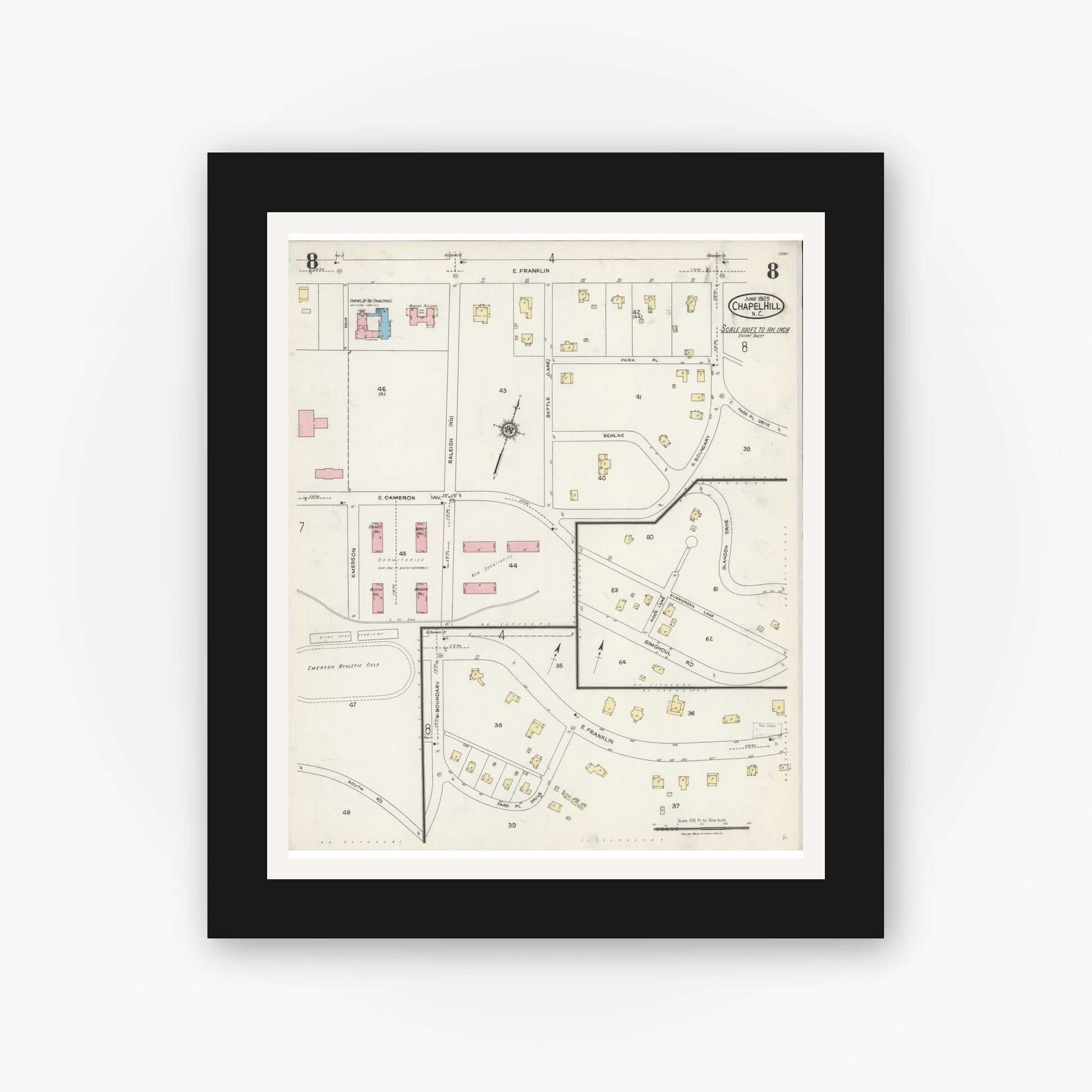 Old map wall art mockup — black gallery frame with white mat — Sanborn Fire Insurance Map from Chapel Hill, Orange County, North Carolina (1925), Sheet #0008