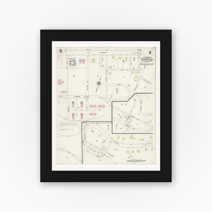 Old map wall art mockup — black gallery frame with white mat — Sanborn Fire Insurance Map from Chapel Hill, Orange County, North Carolina (1925), Sheet #0008