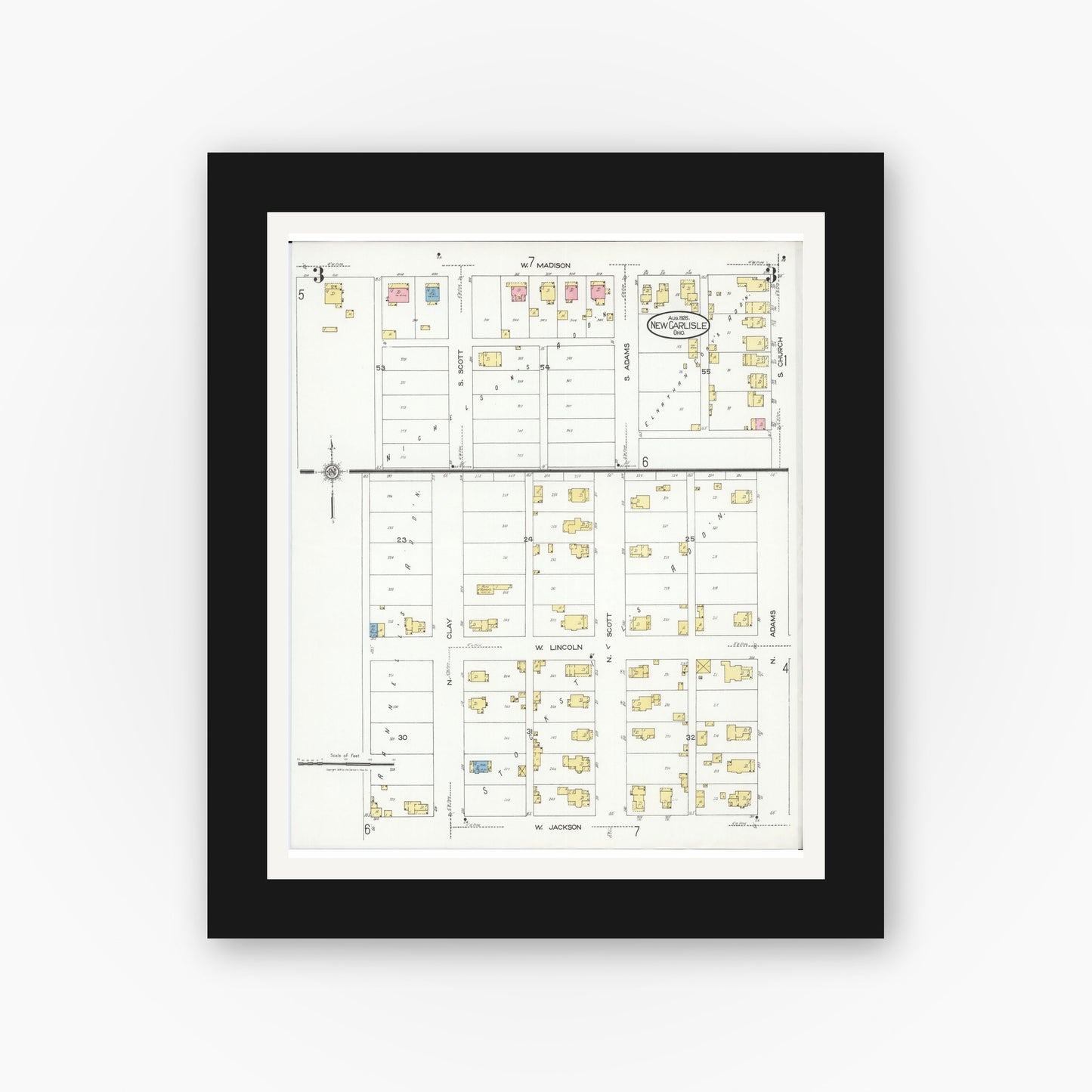 Old map wall art mockup — black gallery frame with white mat — Sanborn Fire Insurance Map from New Carlisle, Clarke County, Ohio (1926), Sheet #0003