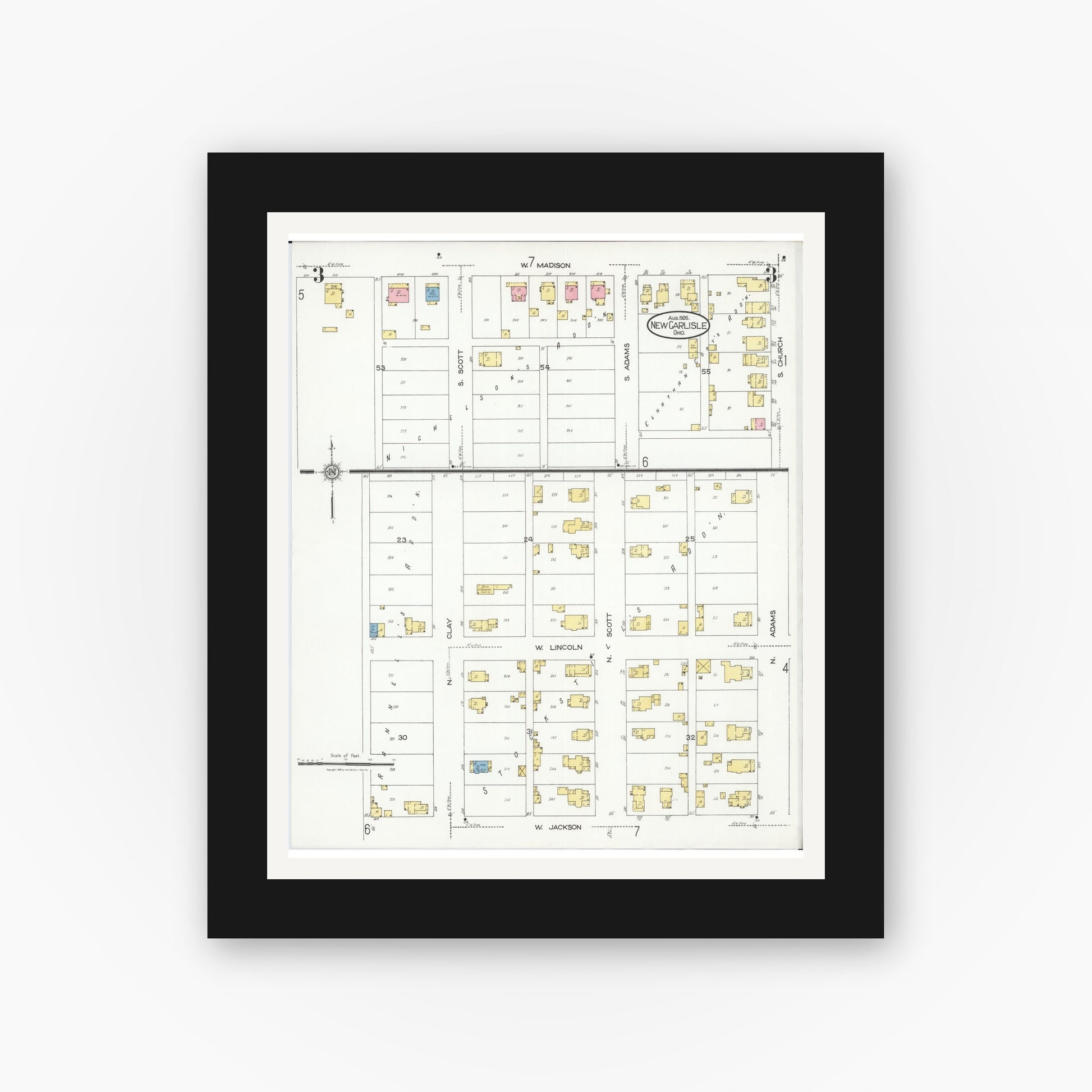 Old map wall art mockup — black gallery frame with white mat — Sanborn Fire Insurance Map from New Carlisle, Clarke County, Ohio (1926), Sheet #0003