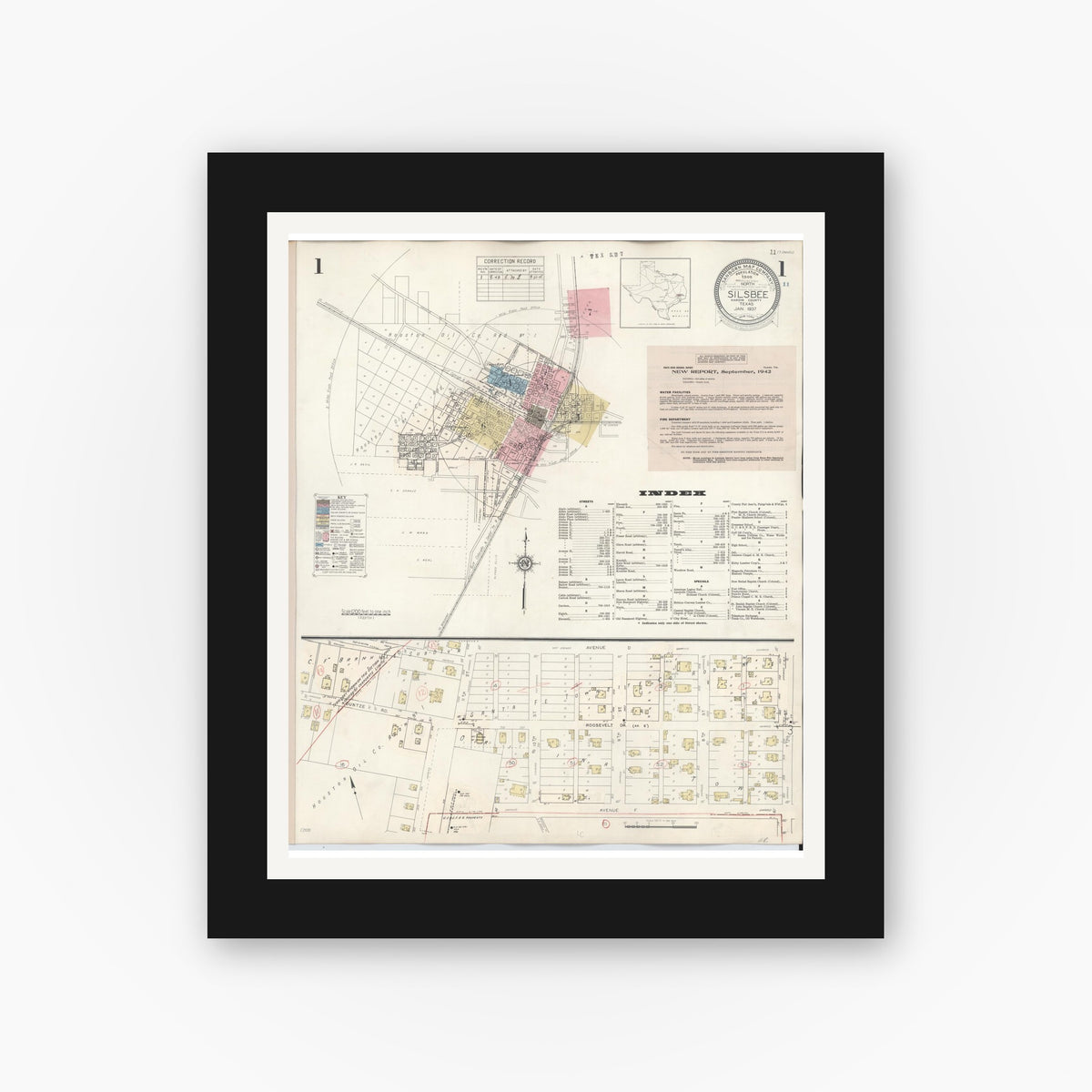 Old map wall art mockup — black gallery frame with white mat — Sanborn Fire Insurance Map from Silsbee, Hardin County, Texas (1942) - Complete Map Set