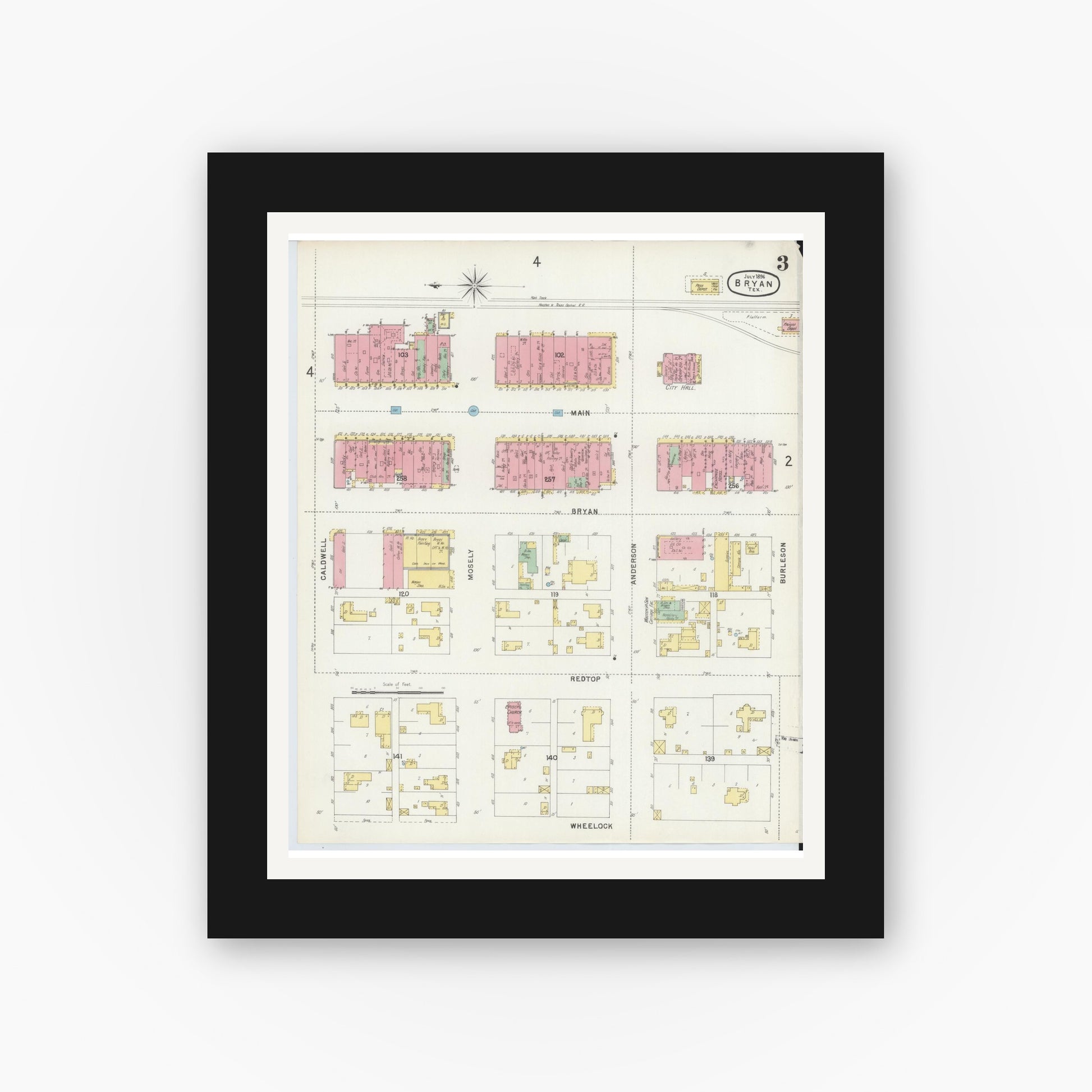 Old map wall art mockup — black gallery frame with white mat — Sanborn Fire Insurance Map from Bryan, Brazos County, Texas (1896), Sheet #0003