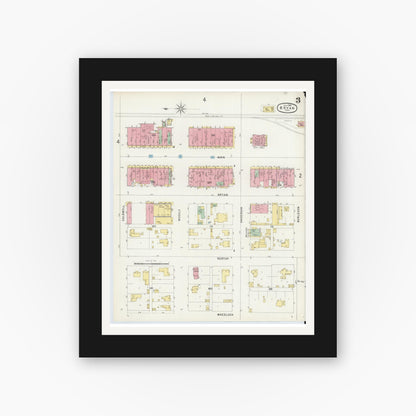 Old map wall art mockup — black gallery frame with white mat — Sanborn Fire Insurance Map from Bryan, Brazos County, Texas (1896), Sheet #0003