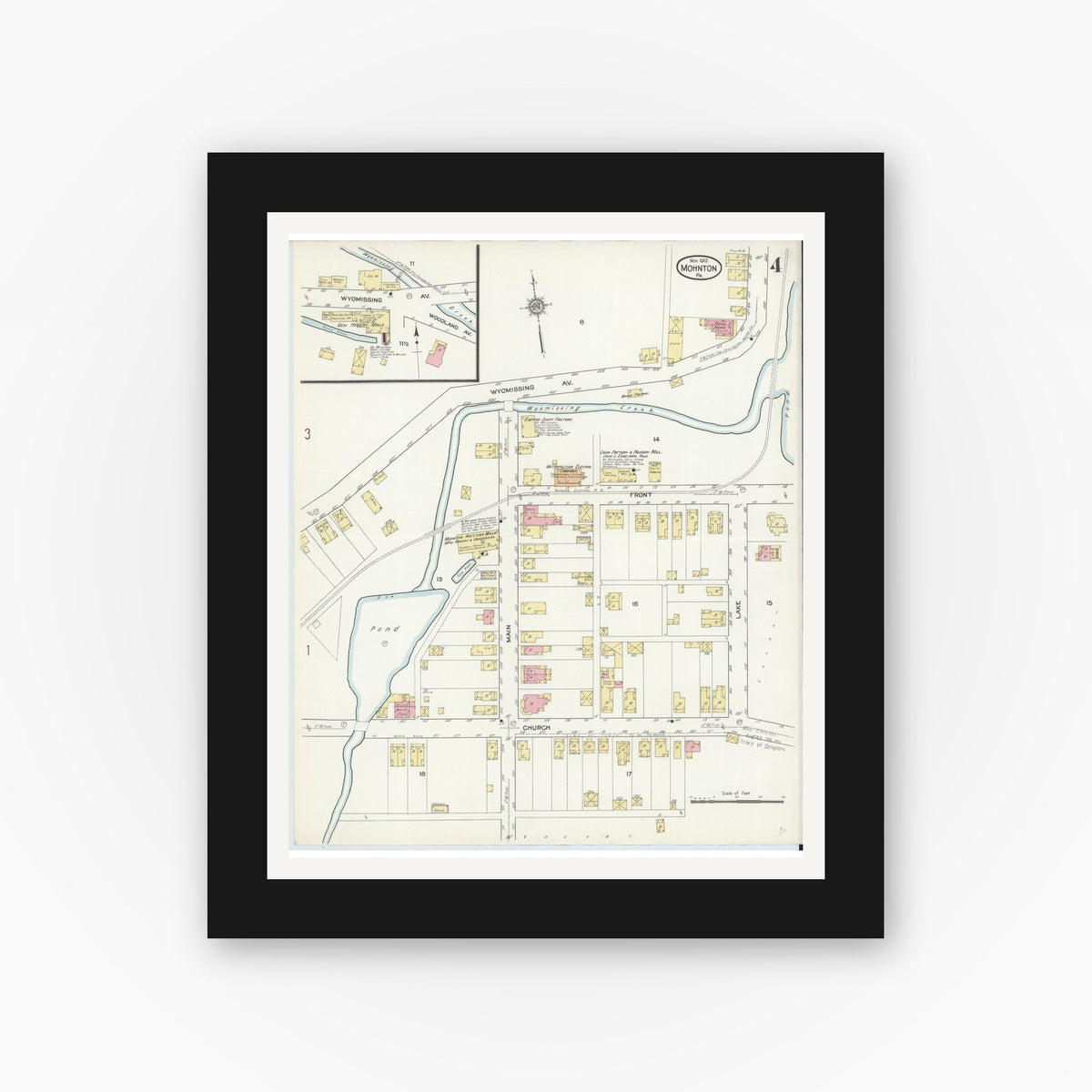 Old map wall art mockup — black gallery frame with white mat — Sanborn Fire Insurance Map from Mohnton, Berks County, Pennsylvania (1912), Sheet #0004