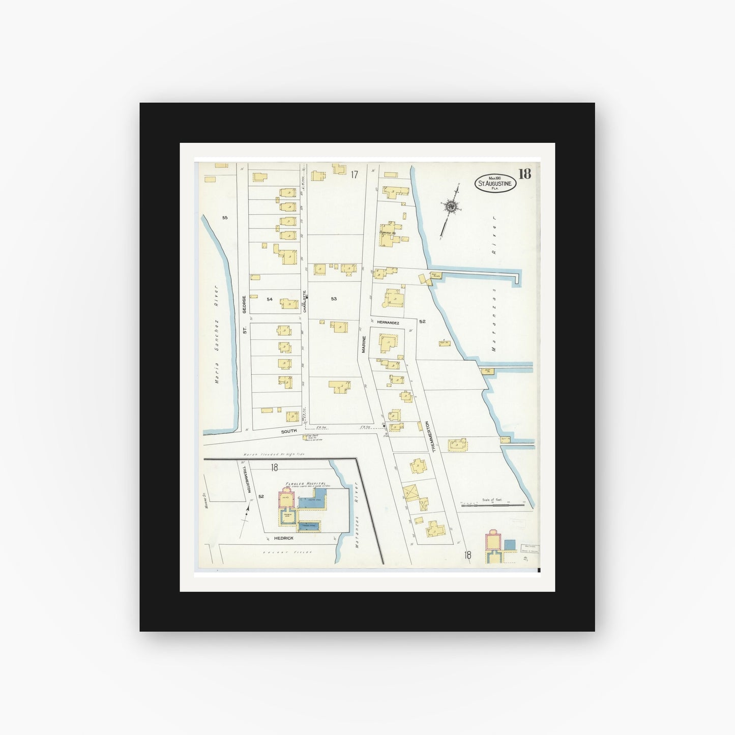 Old map wall art mockup — black gallery frame with white mat — Sanborn Fire Insurance Map from Saint Augustine, Saint John's County, Florida (1910), Sheet #0018